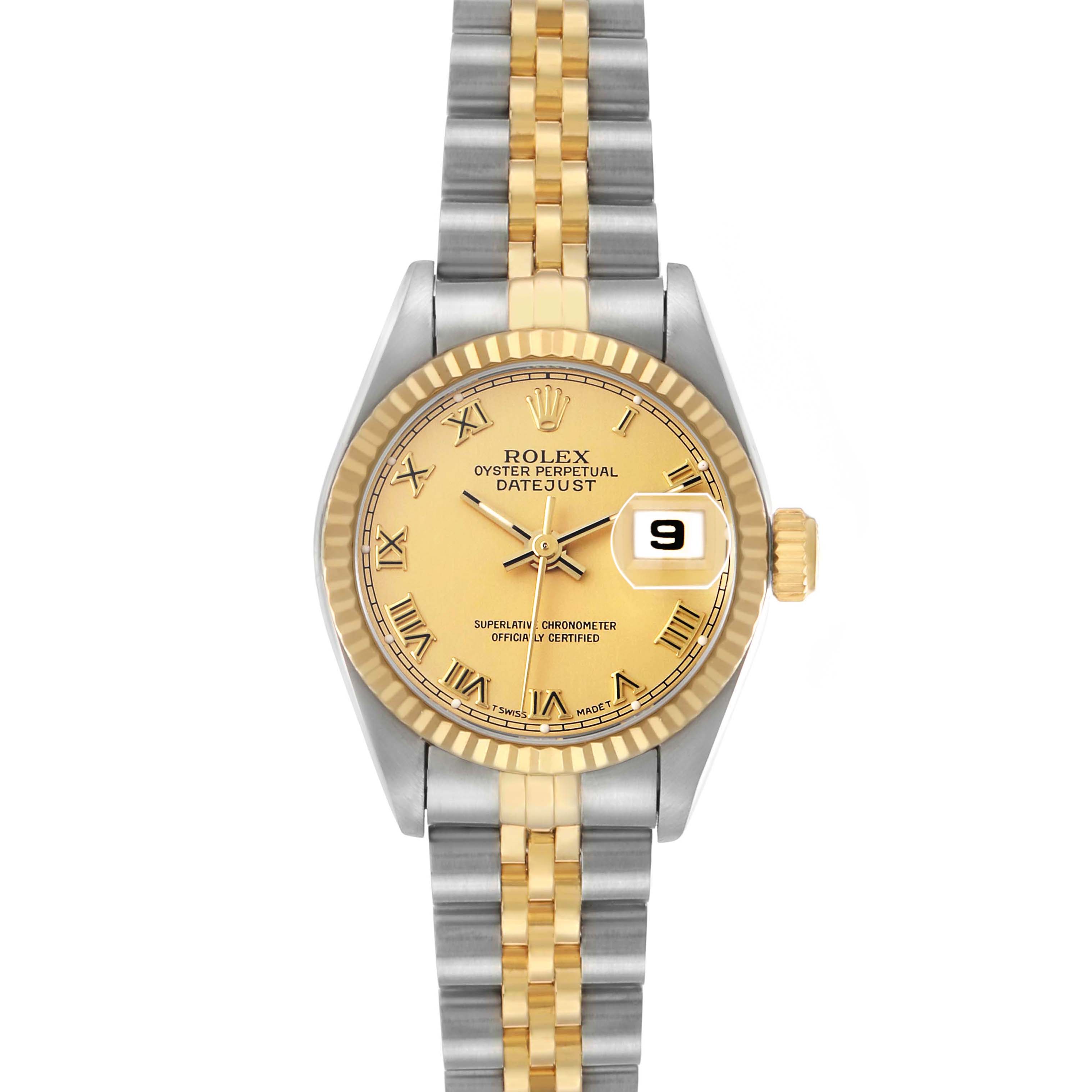 The Rolex Datejust 69173 Women's Steel and Gold (two tone) Champagne Dial watch is shown from the front, displaying its dial, bezel, bracelet, and crown.