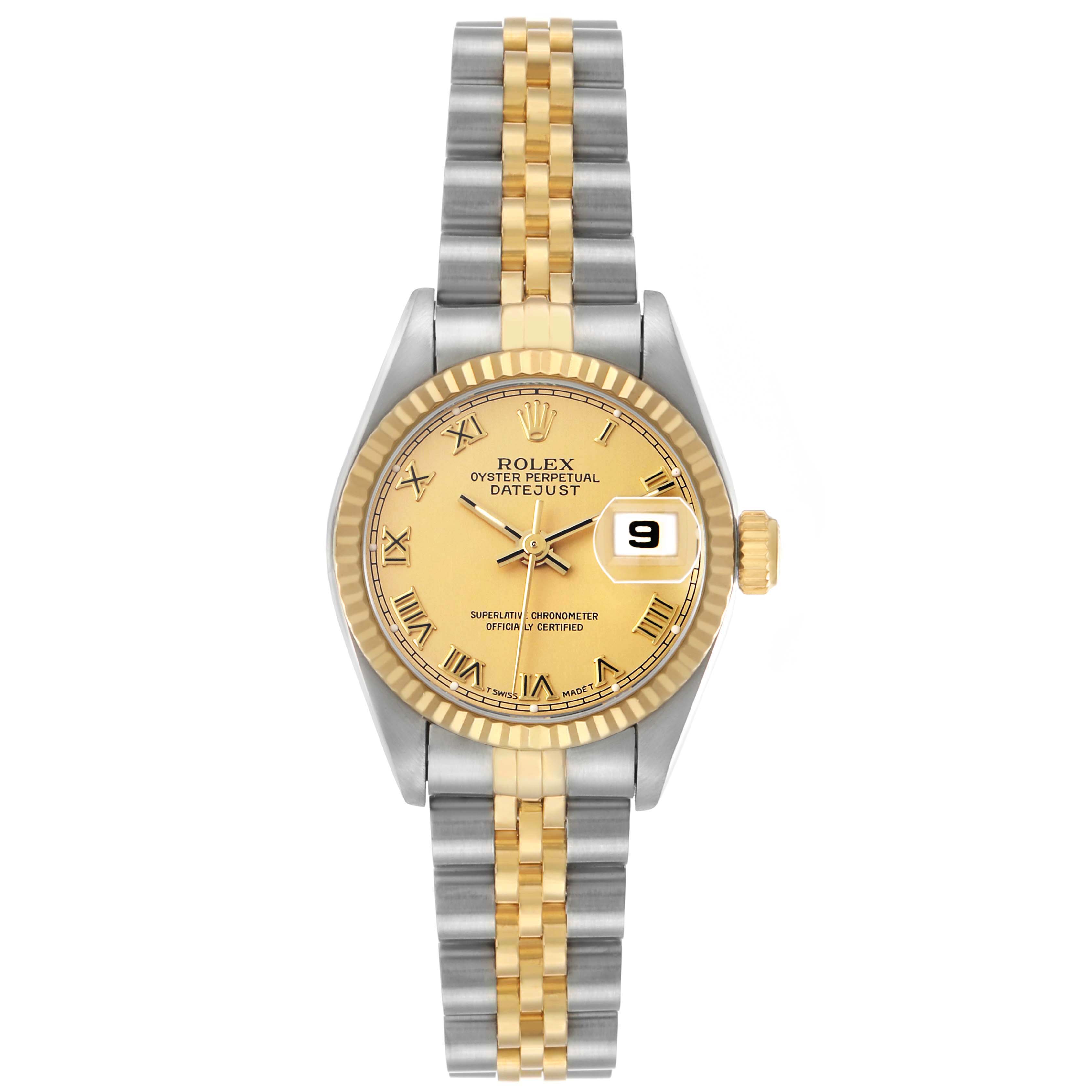The Rolex Datejust 69173 Women's Steel and Gold (two tone) Champagne Dial is shown from the front, displaying its gold and silver Jubilee bracelet, fluted bezel, and date window.