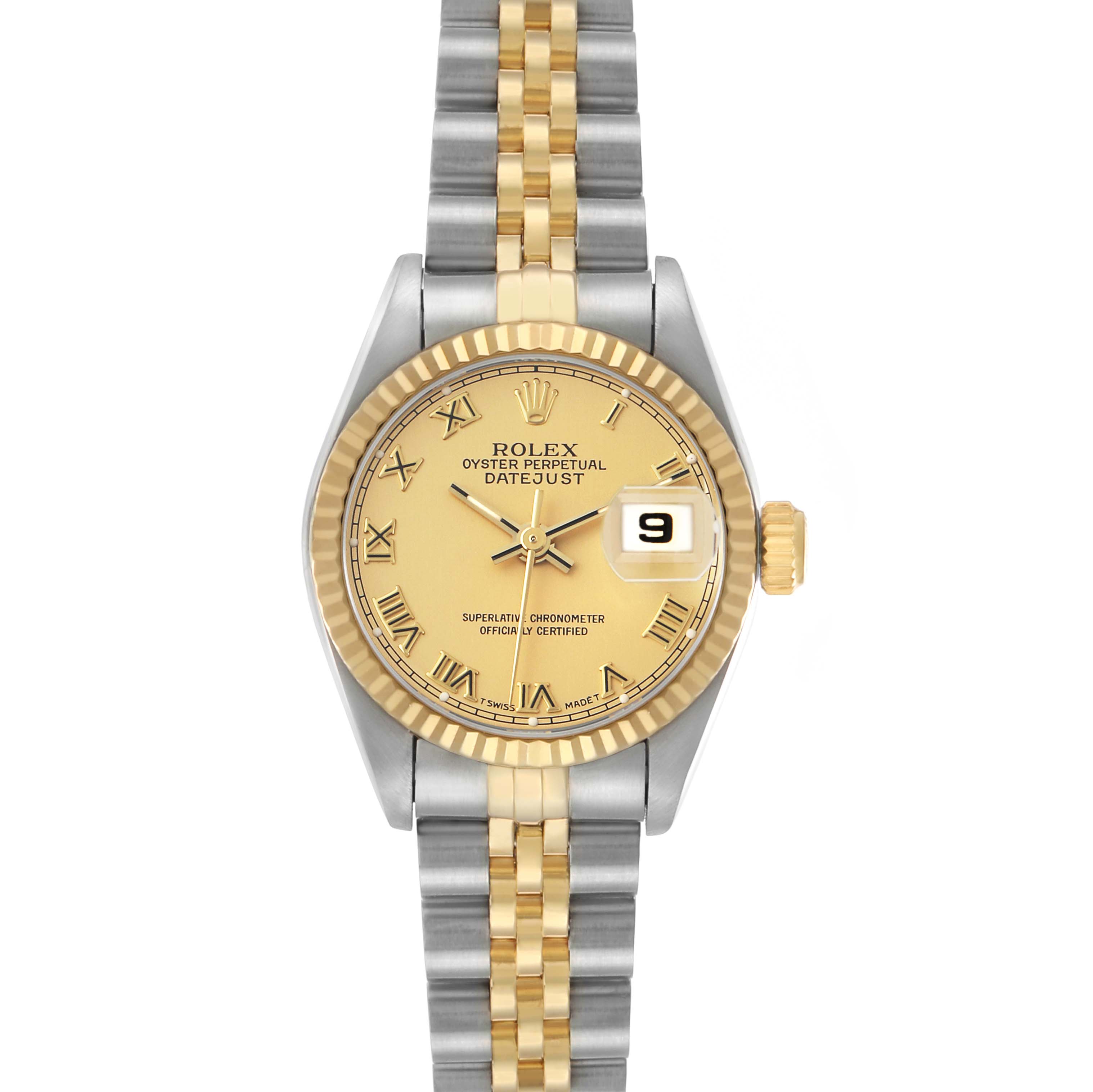 The Rolex Datejust 69173 Women's Steel and Gold (two tone) Champagne Dial watch is shown from a top-down angle, featuring a gold face, two-tone bracelet, and date window.