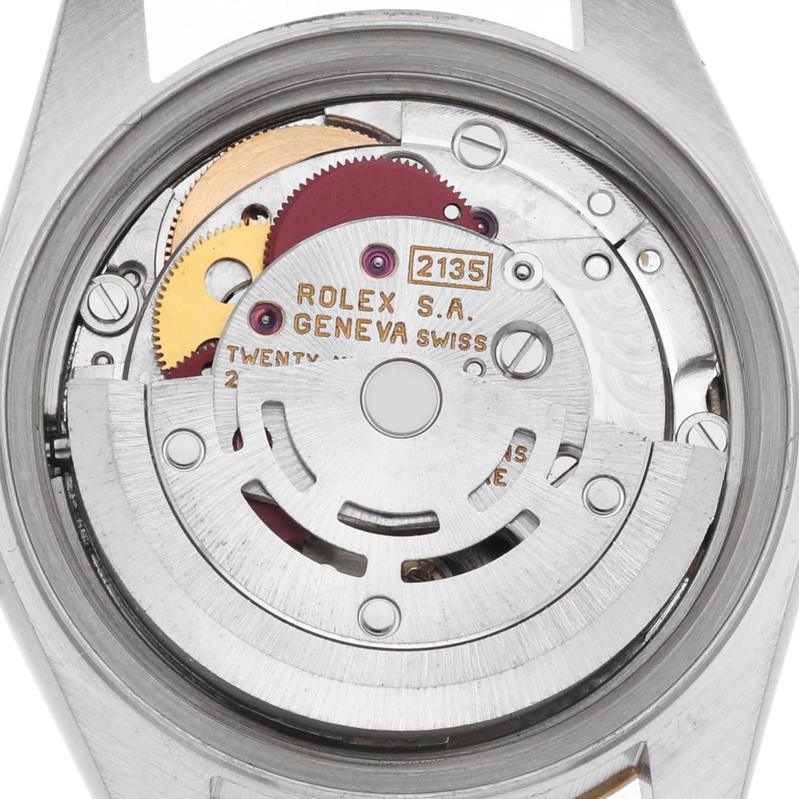 The image shows the internal movement of a Rolex Datejust 69173 Women's Steel and Gold (two tone) Champagne Dial watch from a top-down angle, highlighting gears and engravings.