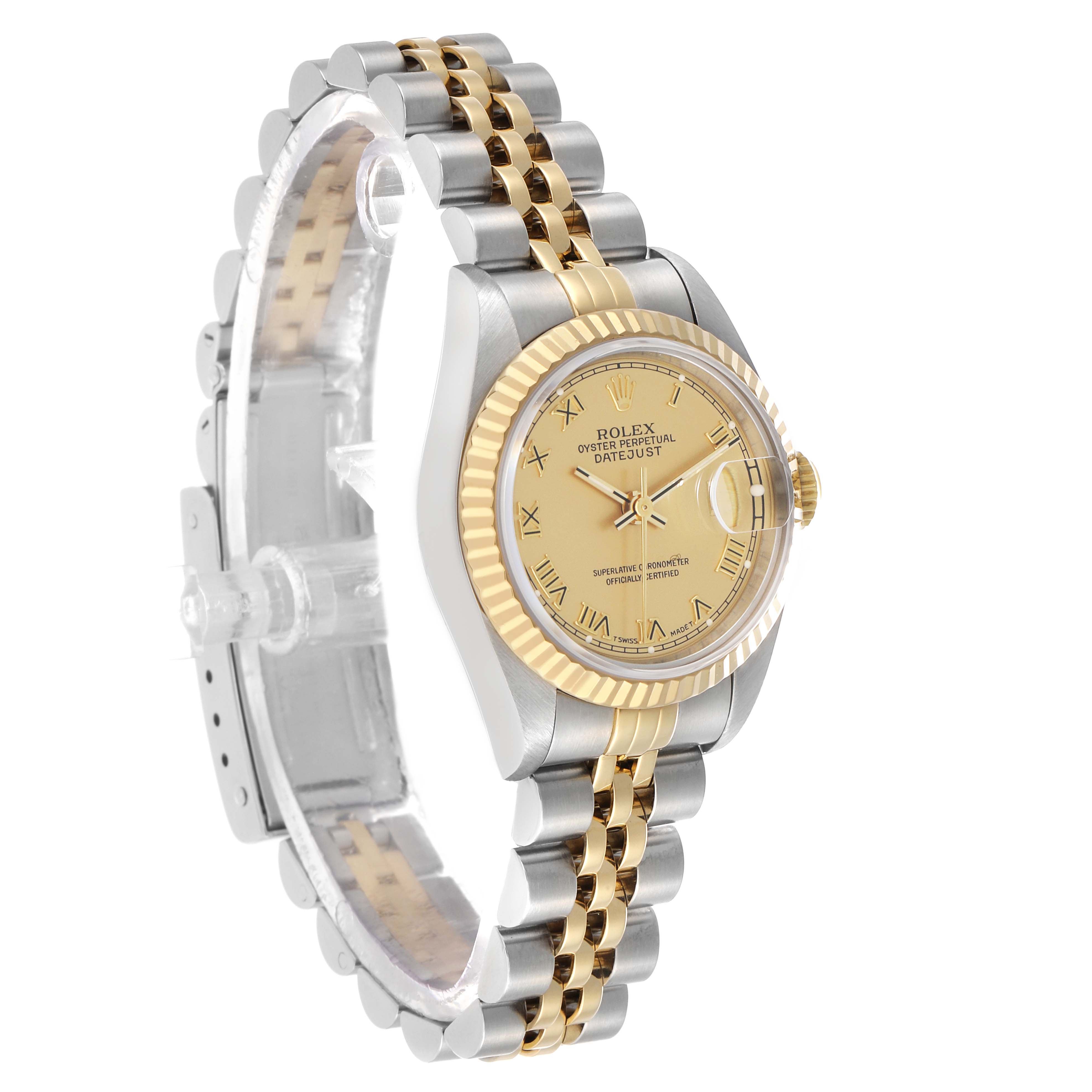 The Rolex Datejust 69173 Women's Steel and Gold (two tone) Champagne Dial watch is shown at a slight angle, displaying the bracelet, bezel, crown, and dial with Roman numerals.