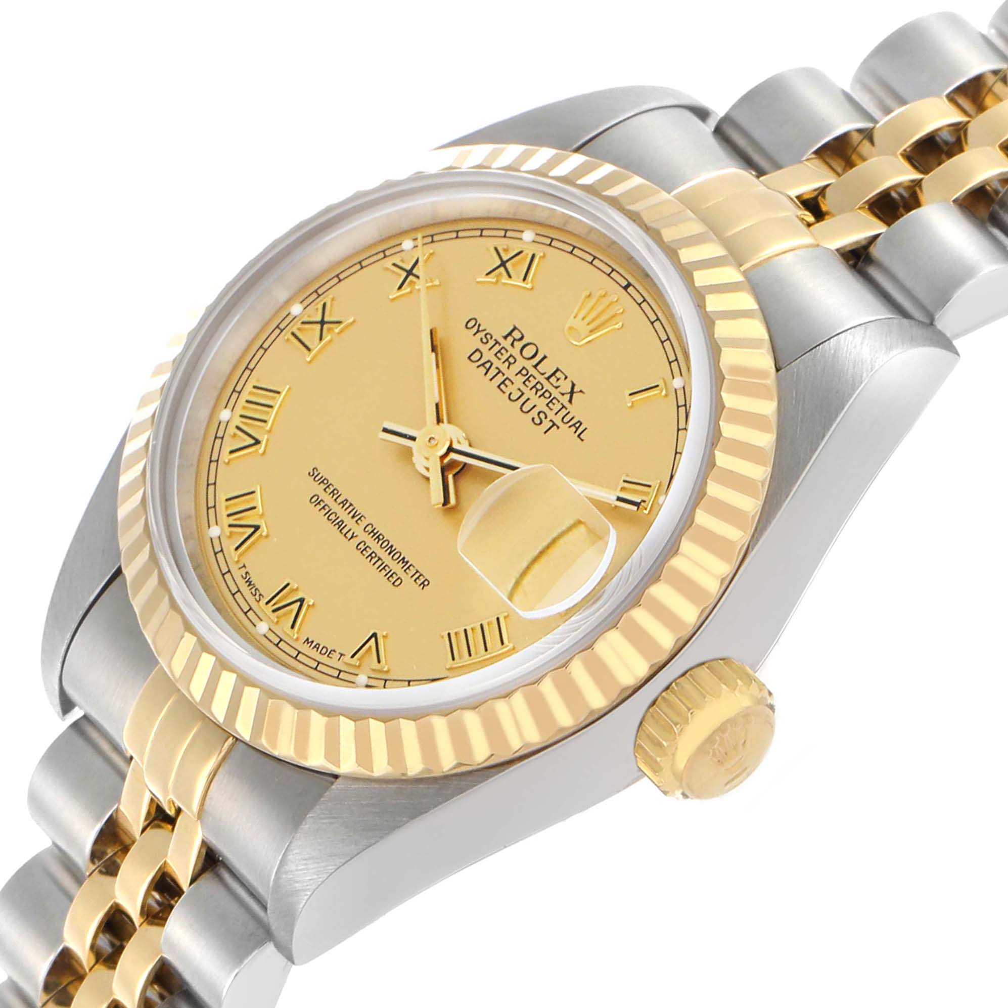 The Rolex Datejust 69173 Women's Steel and Gold (two tone) Champagne Dial watch is shown at an angled close-up, highlighting its dial, bezel, crown, and part of the bracelet.