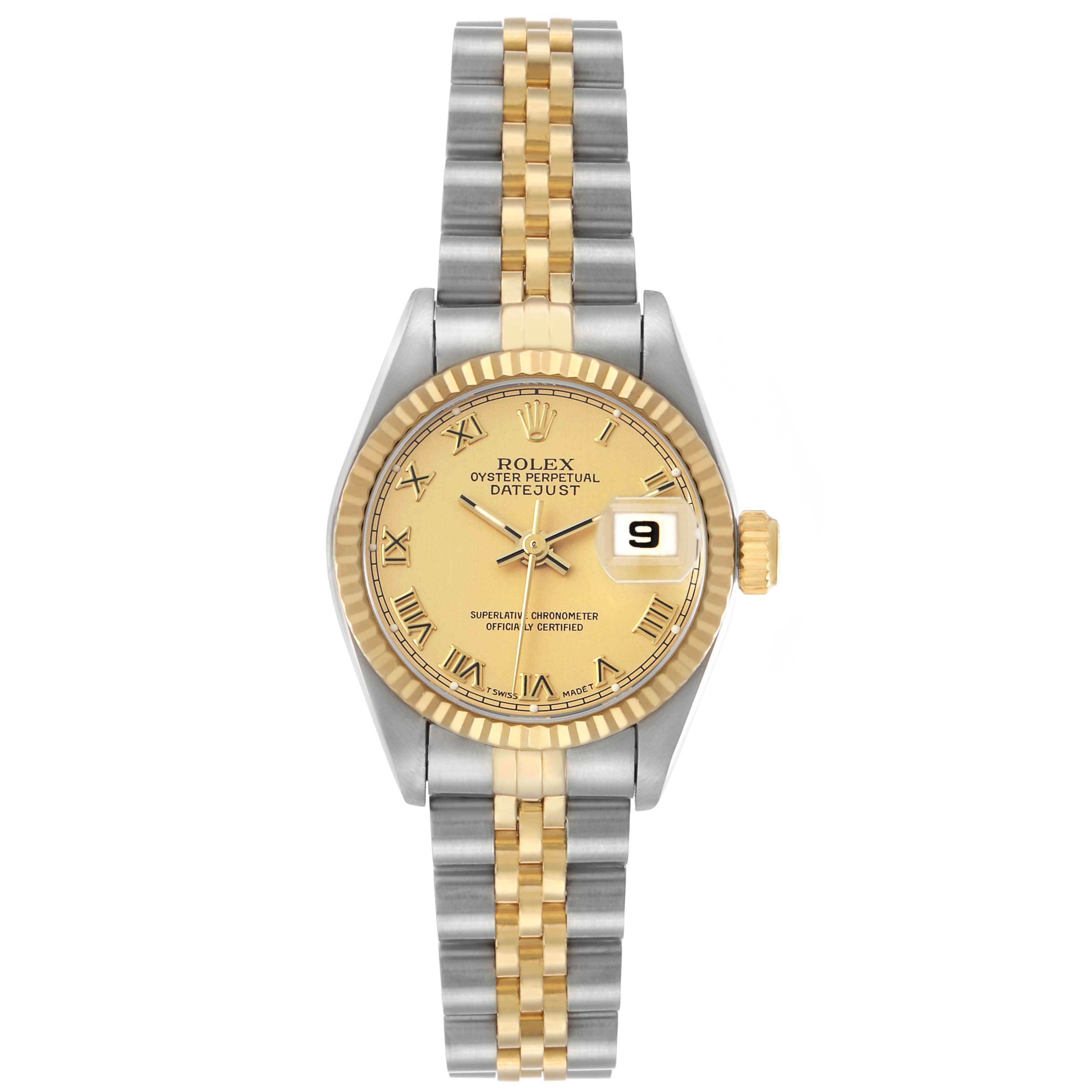 The Rolex Datejust 69173 Women's Steel and Gold (two tone) Champagne Dial watch is shown from the front, displaying the gold-tone dial, fluted bezel, date window, and two-tone Jubilee bracelet.