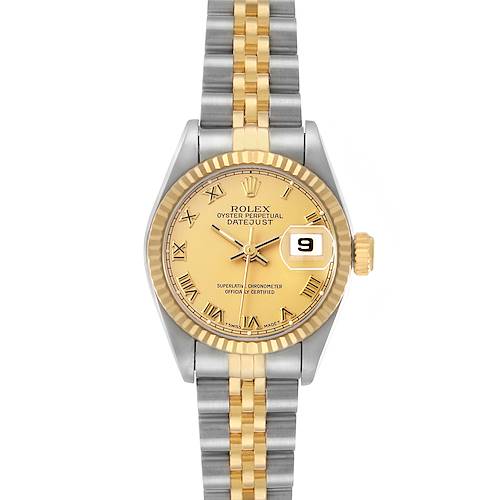 The Rolex Datejust 69173 Women's Steel and Gold (two tone) Champagne Dial watch is shown front-facing, highlighting the dial, bezel, bracelet, and date window.
