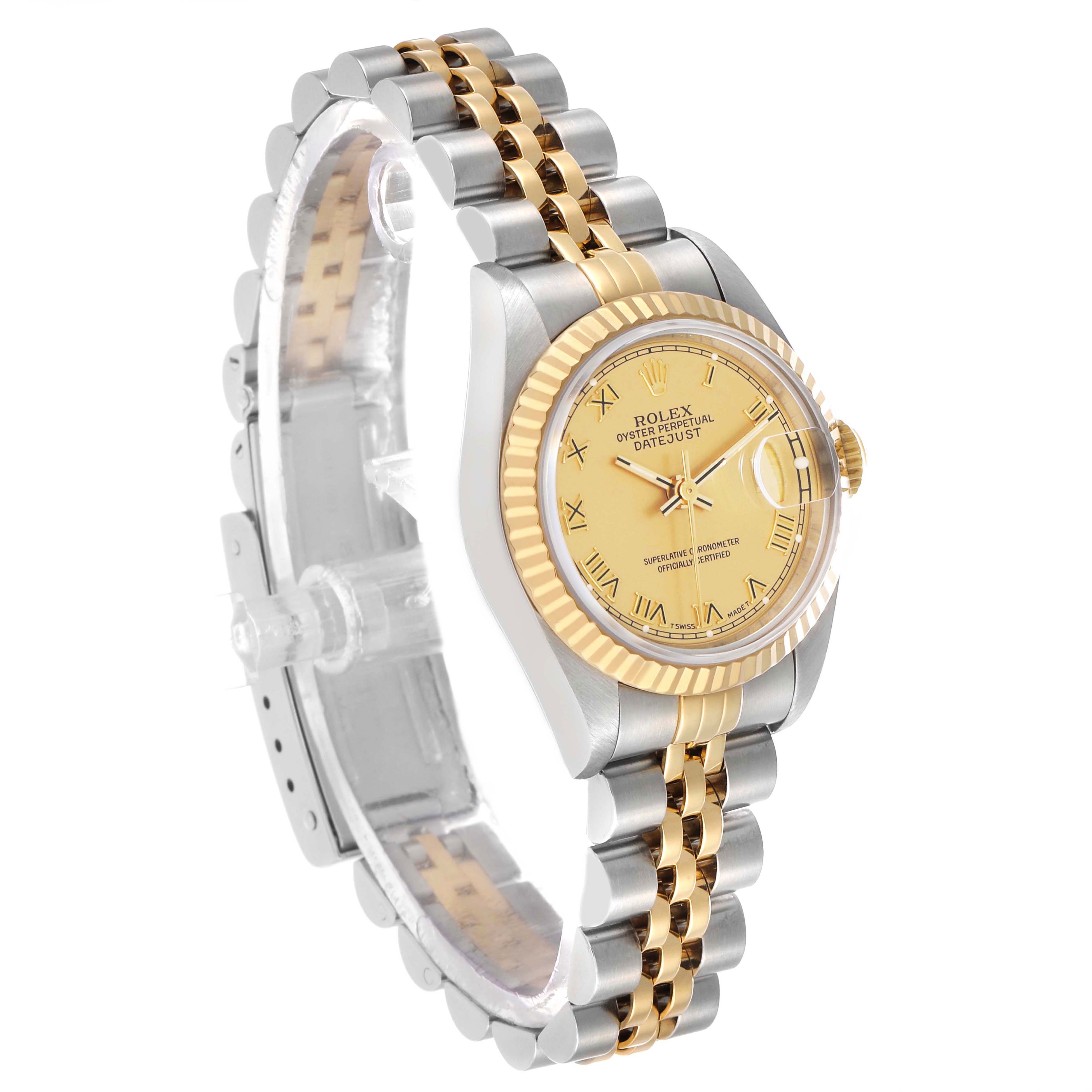 The Rolex Datejust 69173 Women's Steel and Gold (two tone) Champagne Dial watch is shown at a three-quarter angle, displaying the face, fluted bezel, and two-tone Jubilee bracelet.