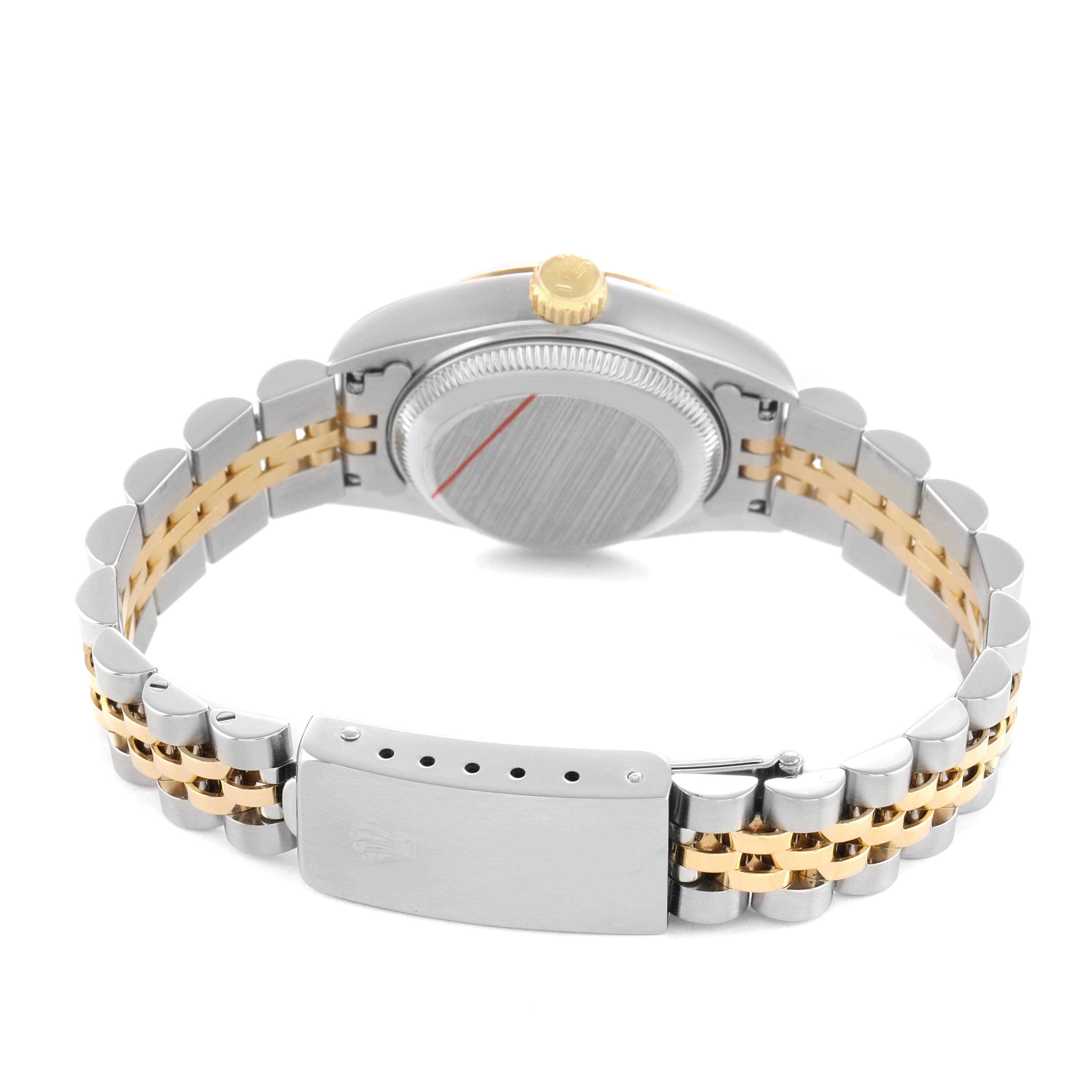 The image shows the back of a Rolex Datejust 69173 Women's Steel and Gold (two tone) Champagne Dial watch, highlighting the clasp, bracelet, and case back.