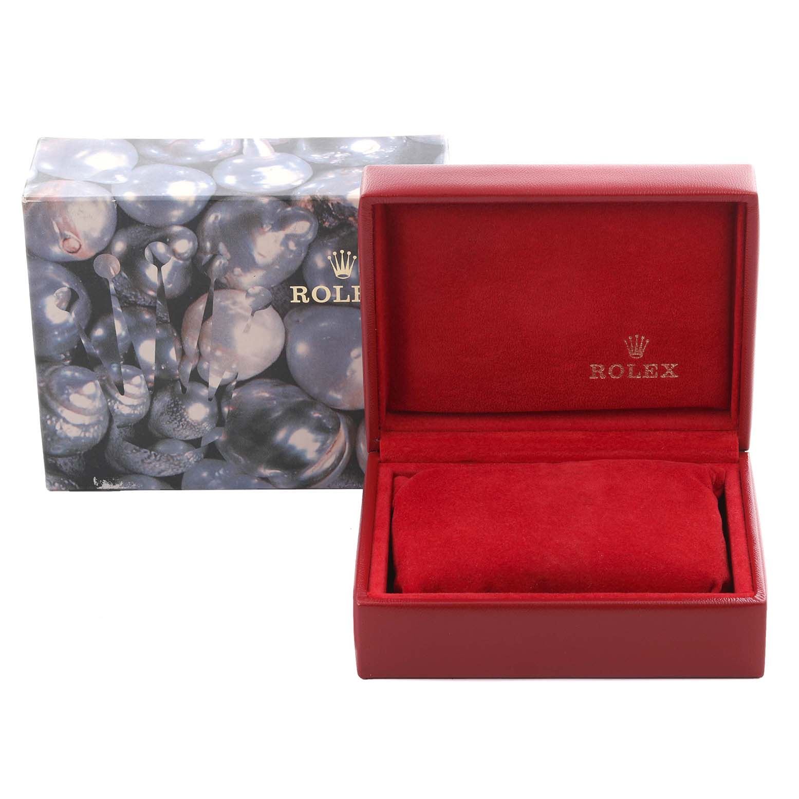 The image shows a Rolex Datejust 79163 Women's Steel and Gold (two tone) Silver Dial 79163 Women's Steel and Gold (two tone) Silver Dial box, with an open red interior and an outer decorative case.