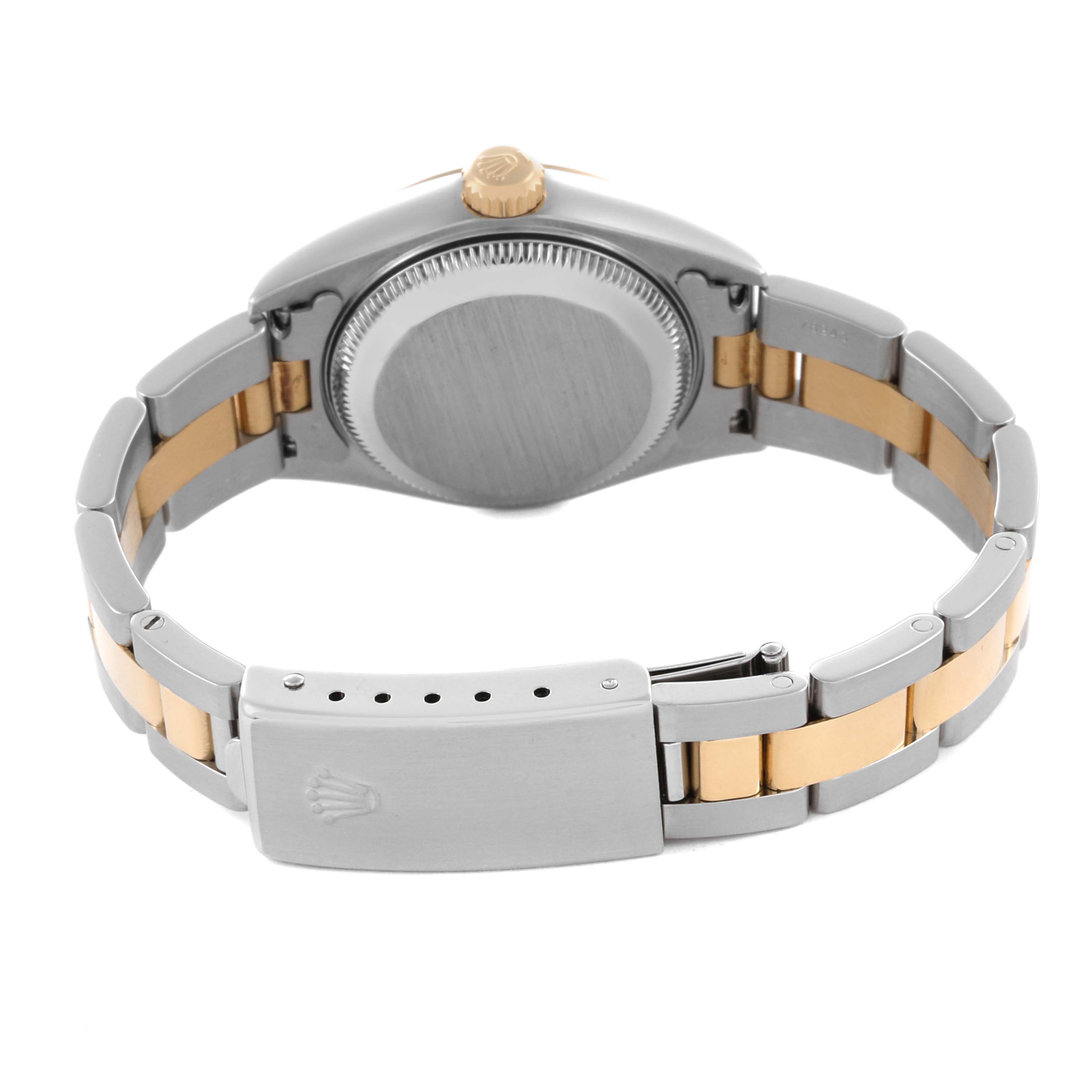 The image shows a Rolex Datejust 79163 Women's Steel and Gold (two tone) Silver Dial 79163 Women's Steel and Gold (two tone) Silver Dial watch from the back, focusing on the case back and two-tone bracelet with clasp.