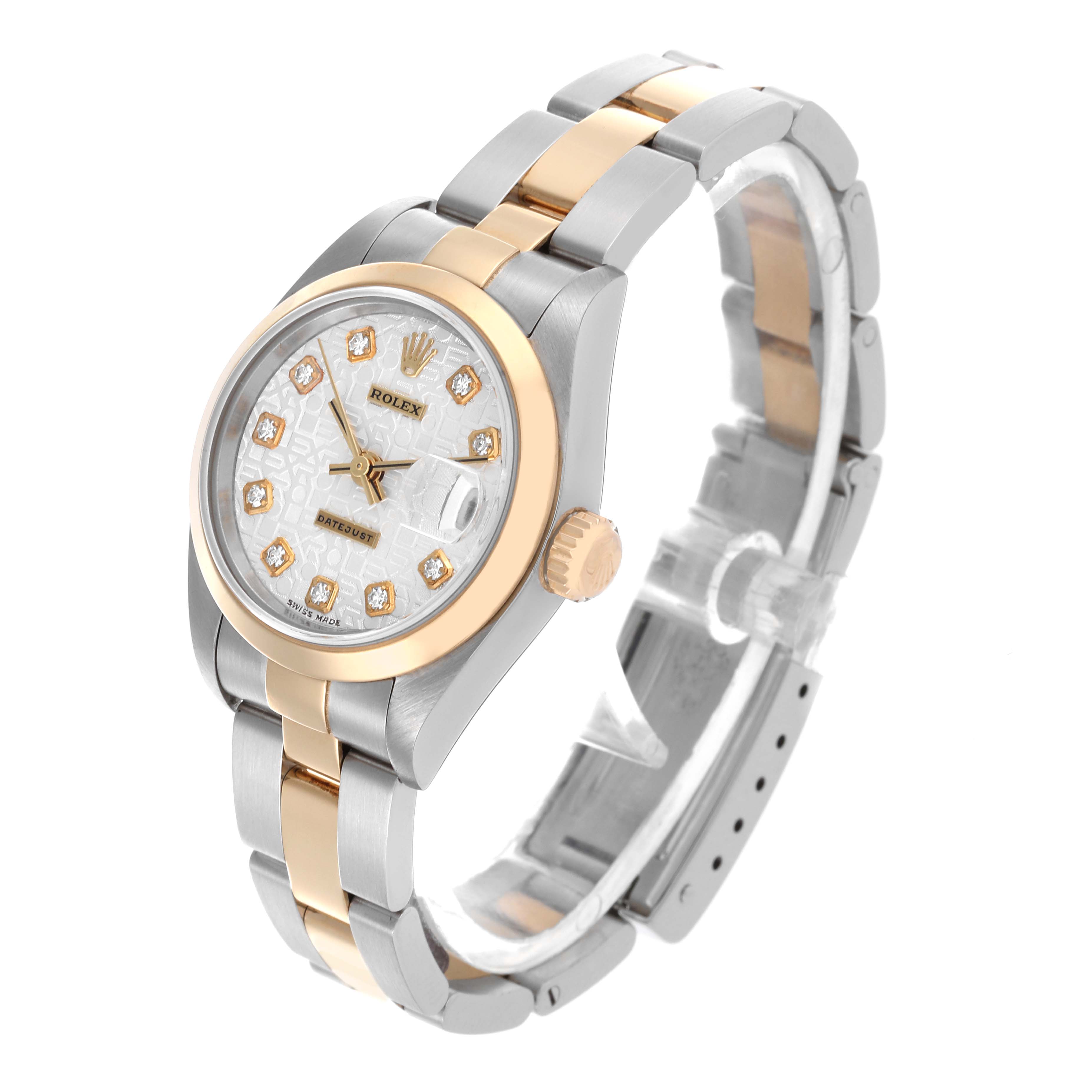The Rolex Datejust 79163 Women's Steel and Gold (two tone) Silver Dial 79163 Women's Steel and Gold (two tone) Silver Dial watch is shown at a slight side angle, highlighting its two-tone bracelet and diamond-accented dial.