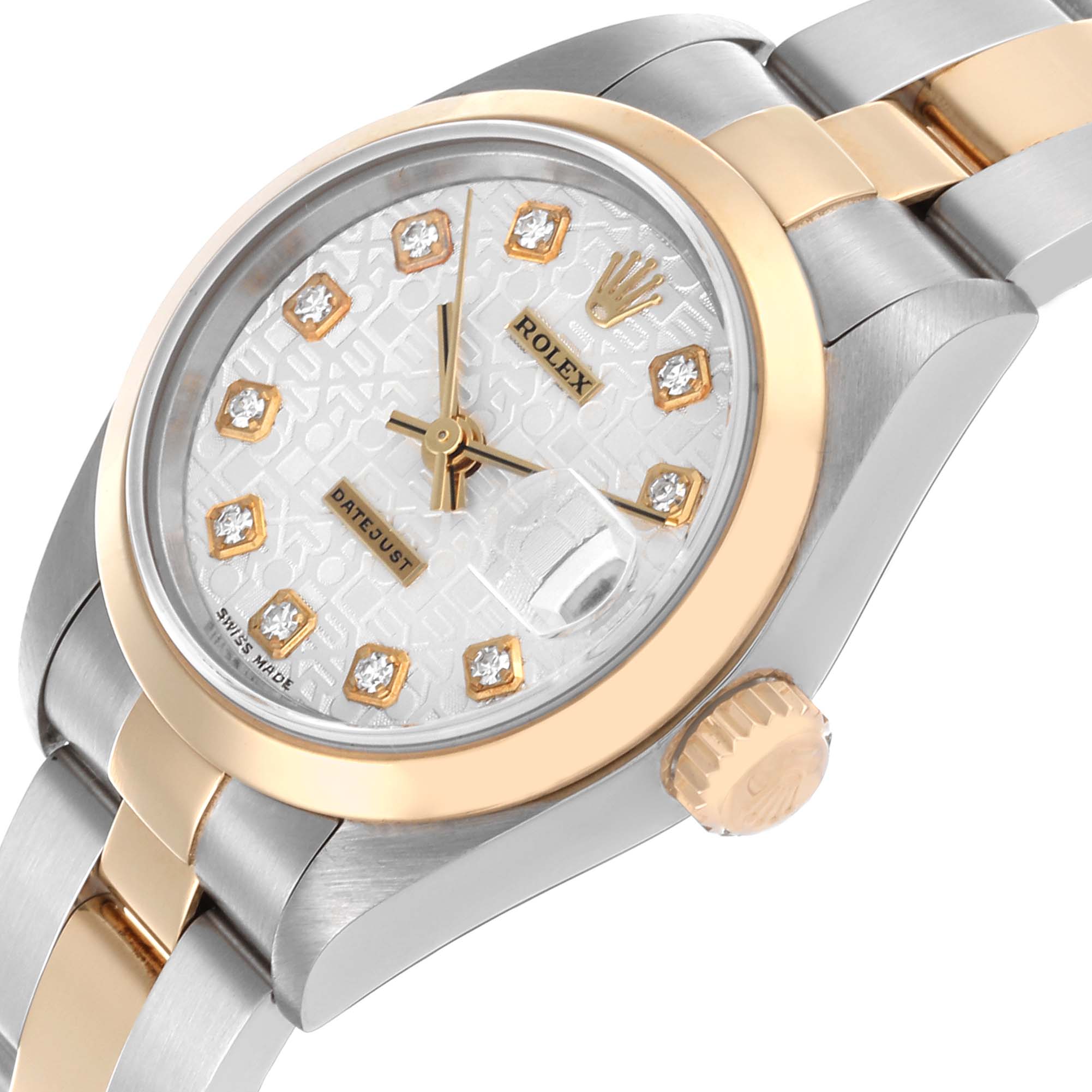 The Rolex Datejust 79163 Women's Steel and Gold (two tone) Silver Dial 79163 Women's Steel and Gold (two tone) Silver Dial watch is shown at an angle highlighting the dial, bezel, crown, and bracelet.