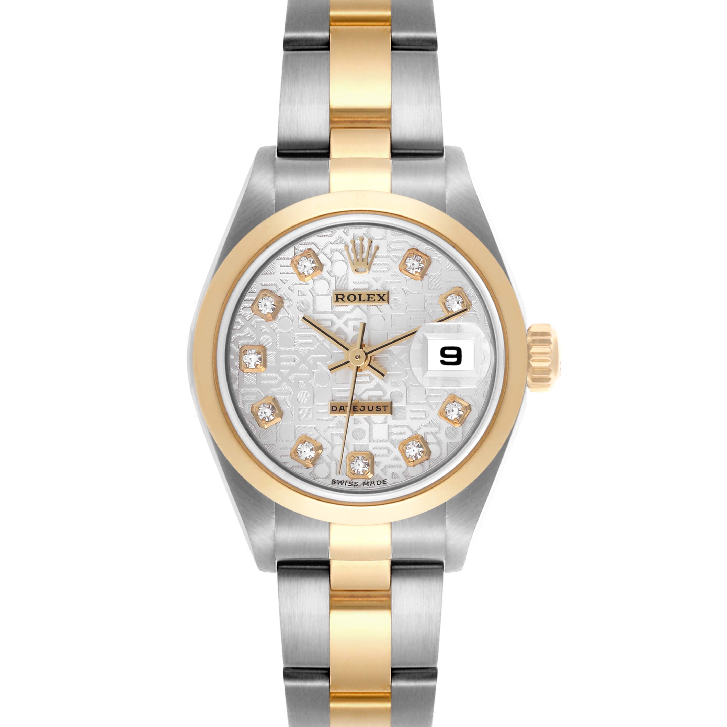 The Rolex Datejust 79163 Women's Steel and Gold (two tone) Silver Dial 79163 Women's Steel and Gold (two tone) Silver Dial watch is shown from the front, displaying the dial, hands, case, bezel, and bracelet.
