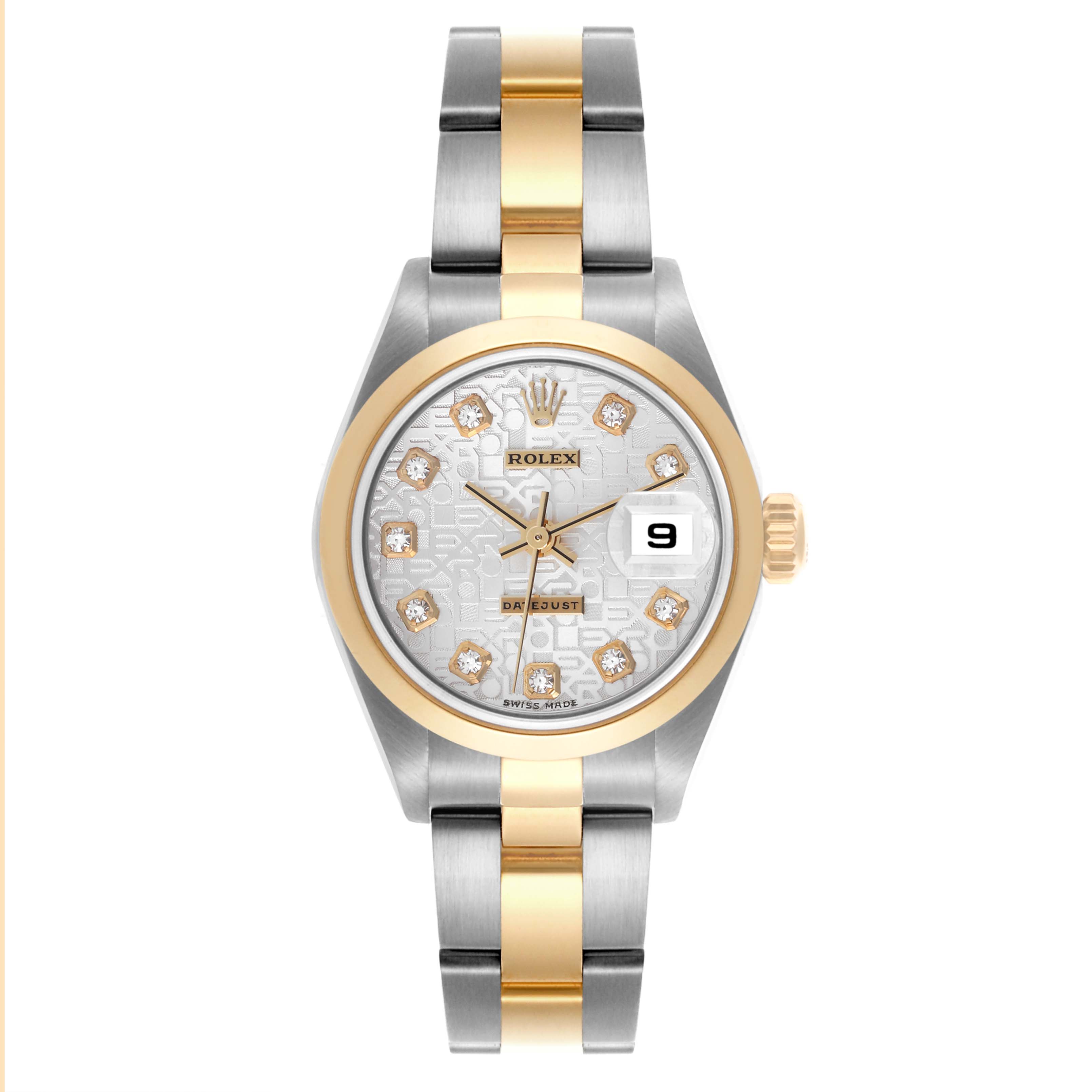 The Rolex Datejust 79163 Women's Steel and Gold (two tone) Silver Dial 79163 Women's Steel and Gold (two tone) Silver Dial watch is shown from a front angle, displaying the dial, bezel, and bracelet.