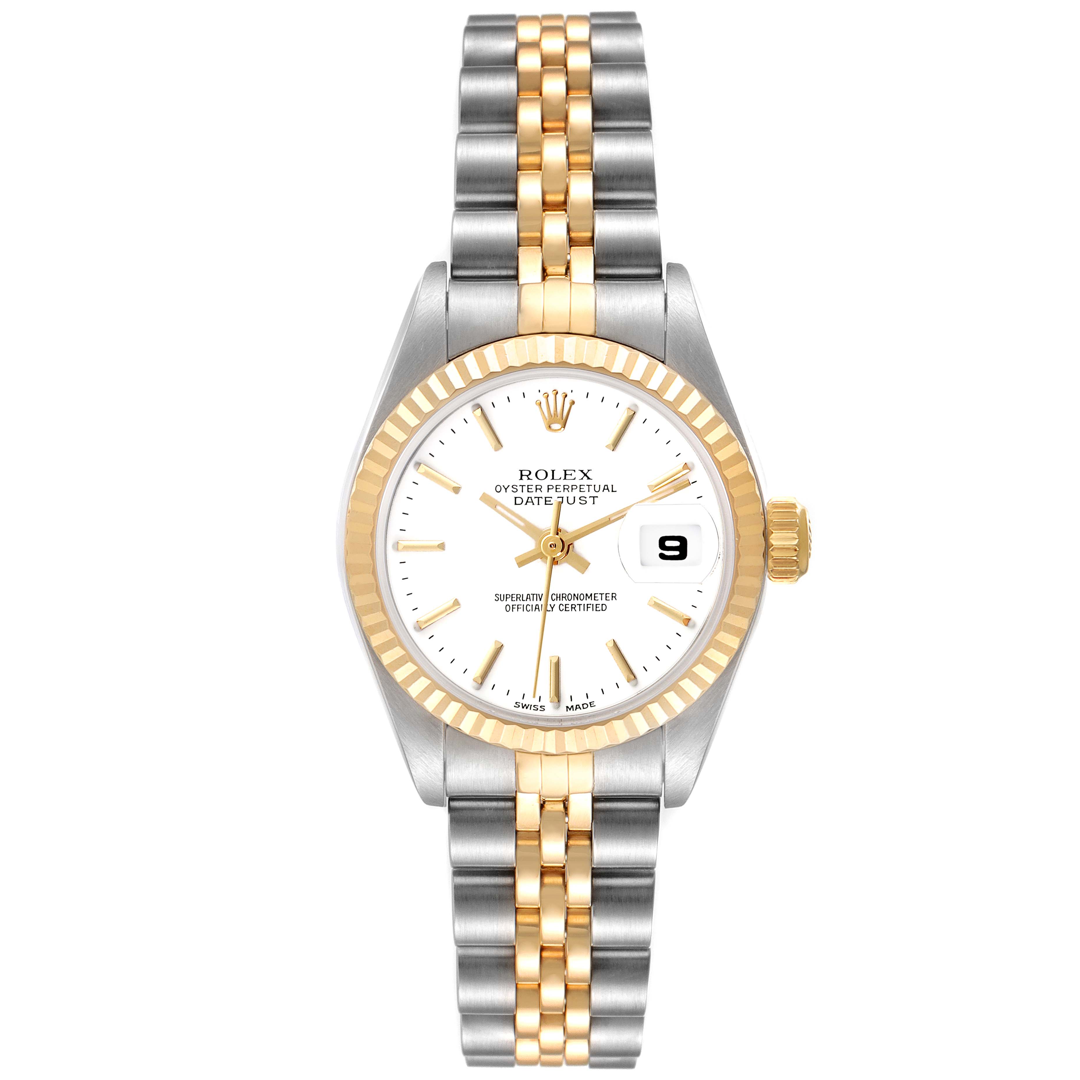 The Rolex Datejust 79173 Women's Steel and Gold (two tone) White Dial 79173 Women's Steel and Gold (two tone) White Dial watch is shown from the front, displaying the dial, bezel, crown, and bracelet.