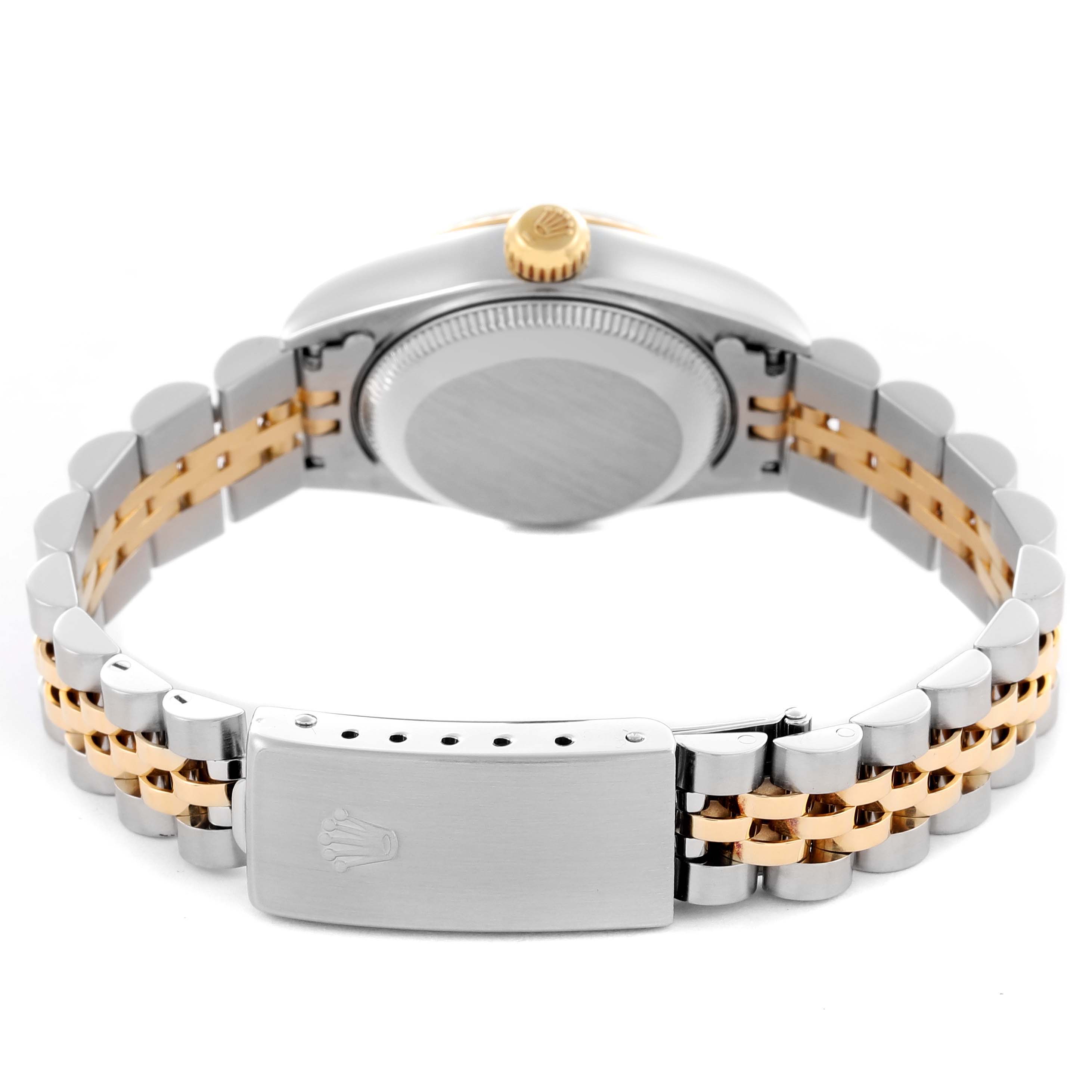 The image shows the back of the Rolex Datejust 79173 Women's Steel and Gold (two tone) White Dial 79173 Women's Steel and Gold (two tone) White Dial watch with its clasp and partial bracelet visible.