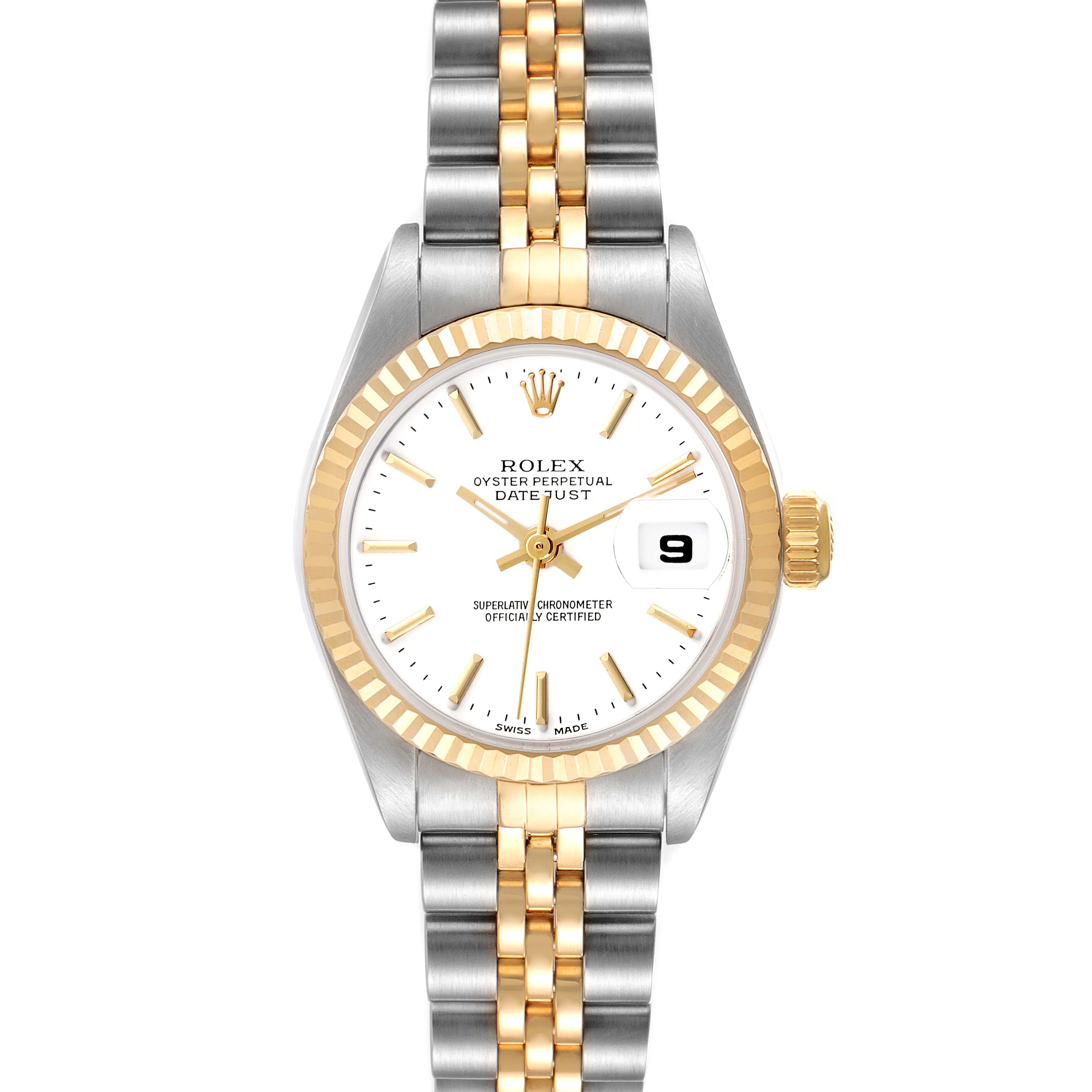 The Rolex Datejust 79173 Women's Steel and Gold (two tone) White Dial 79173 Women's Steel and Gold (two tone) White Dial watch is shown from a front angle, highlighting its dial, fluted bezel, two-tone bracelet, and date window.