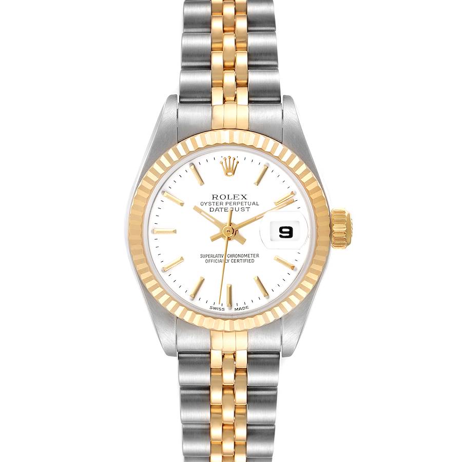 The Rolex Datejust watch is shown from a front angle, highlighting its dial, fluted bezel, two-tone bracelet, and date window.