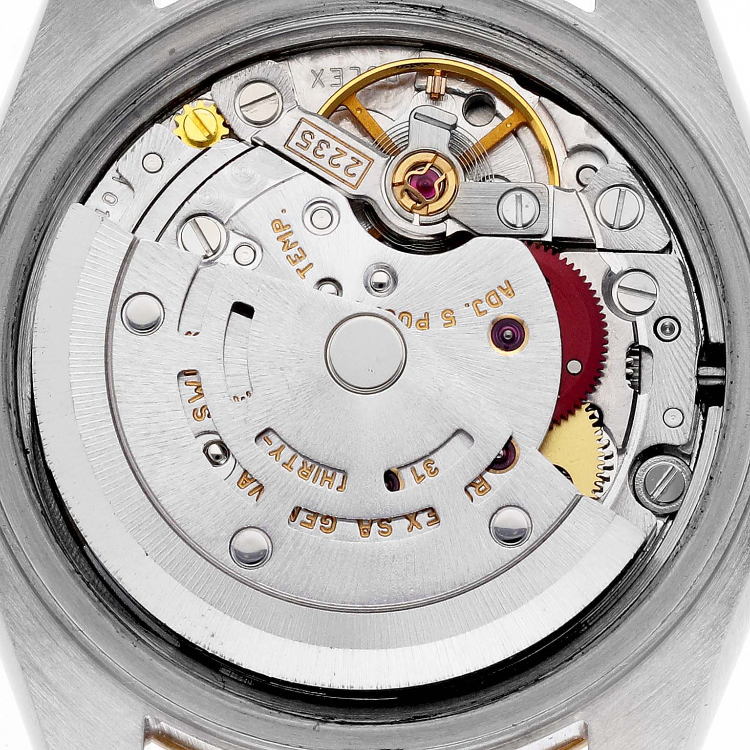 The image shows the internal mechanism of the Rolex Datejust 79173 Women's Steel and Gold (two tone) White Dial 79173 Women's Steel and Gold (two tone) White Dial watch at a top-down angle.