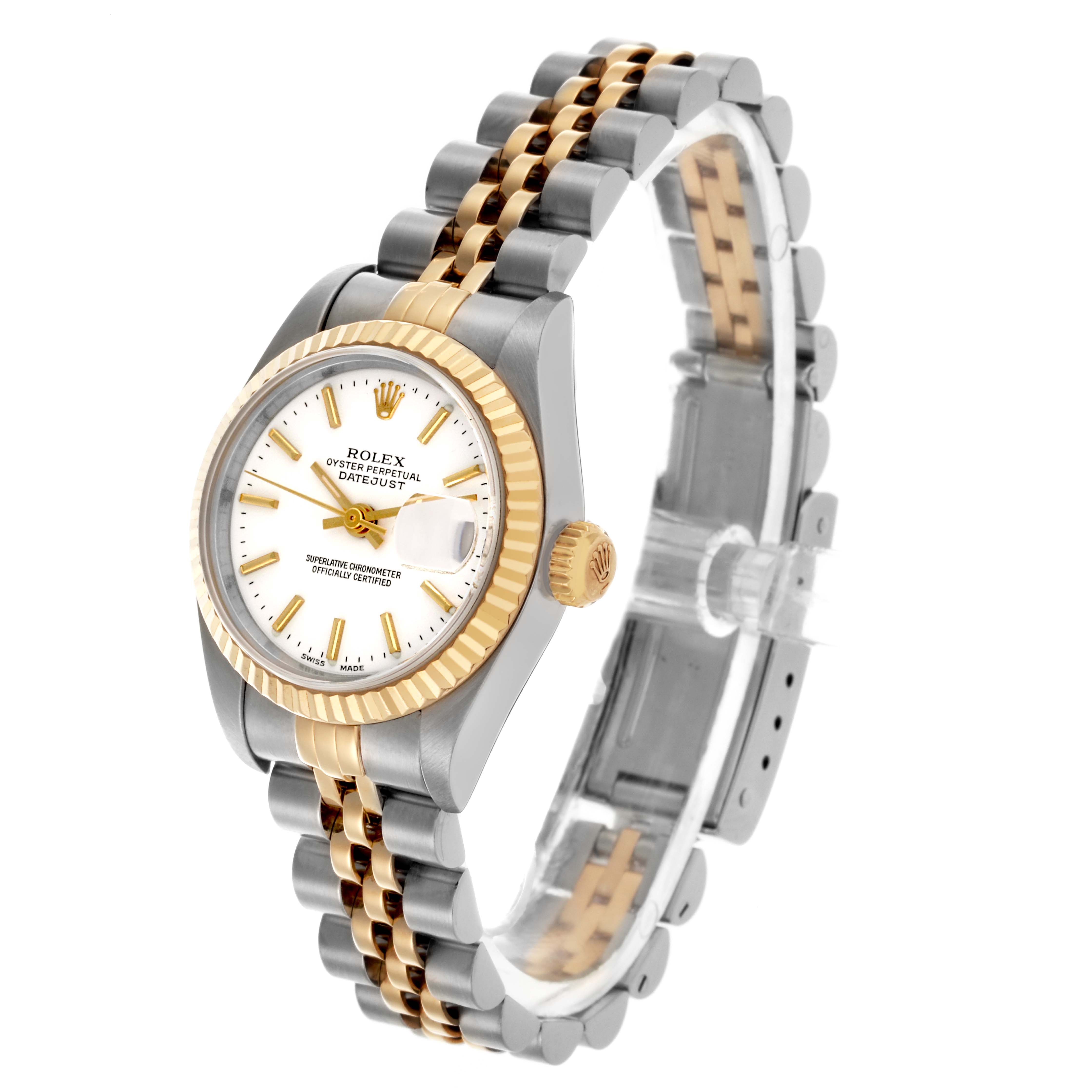 The Rolex Datejust 79173 Women's Steel and Gold (two tone) White Dial 79173 Women's Steel and Gold (two tone) White Dial watch is shown at a three-quarter angle highlighting the dial, fluted bezel, and jubilee bracelet.