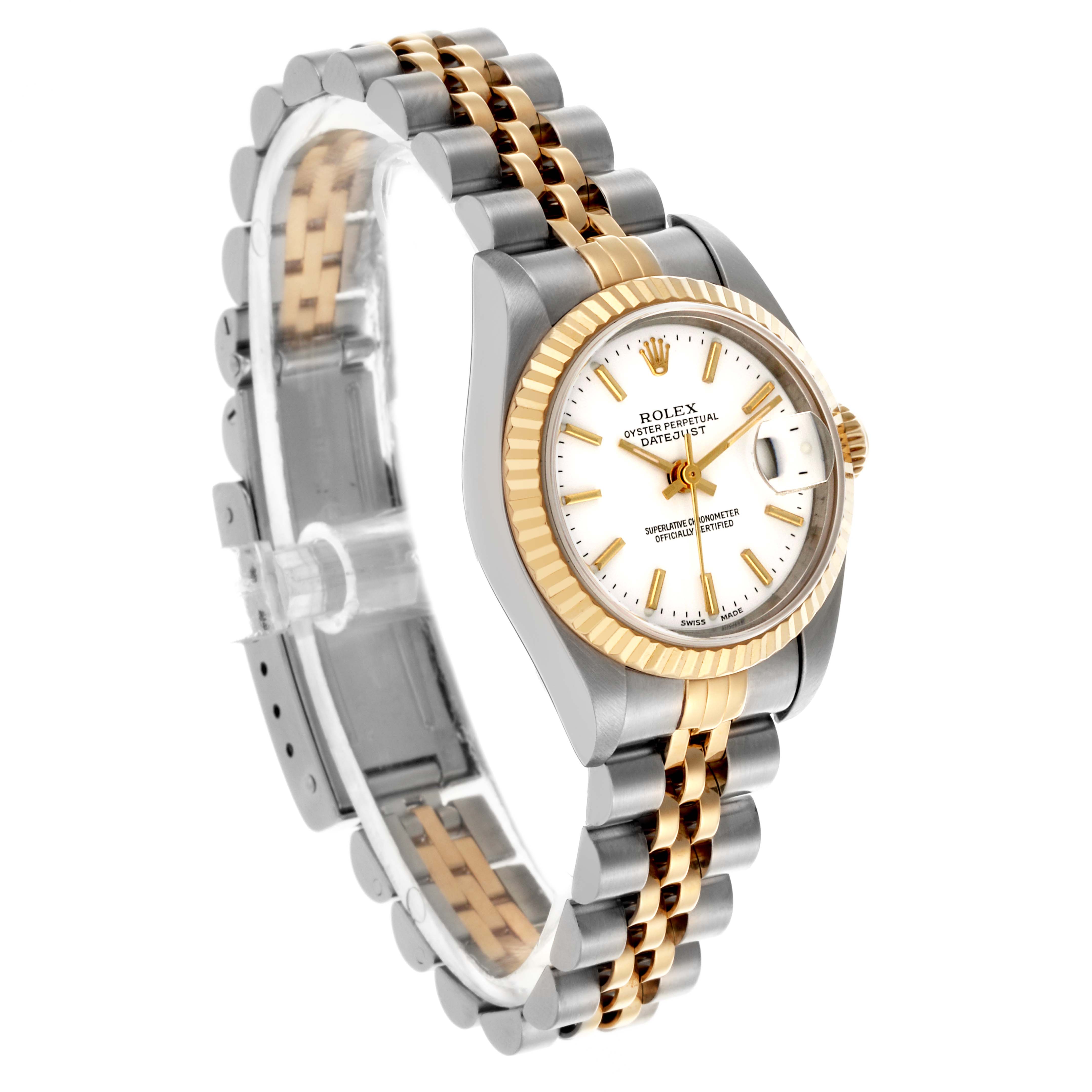The Rolex Datejust 79173 Women's Steel and Gold (two tone) White Dial 79173 Women's Steel and Gold (two tone) White Dial watch is shown at a slight angle, highlighting the dial, bezel, and two-tone bracelet.