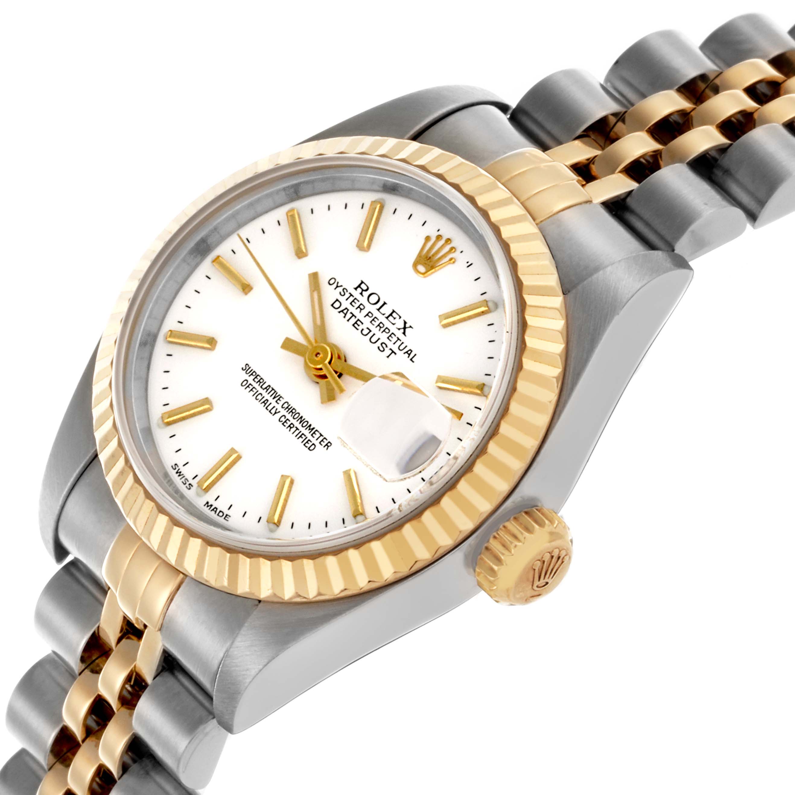 The Rolex Datejust 79173 Women's Steel and Gold (two tone) White Dial 79173 Women's Steel and Gold (two tone) White Dial watch is shown at an angled view highlighting the face, bezel, crown, and a portion of the bracelet.