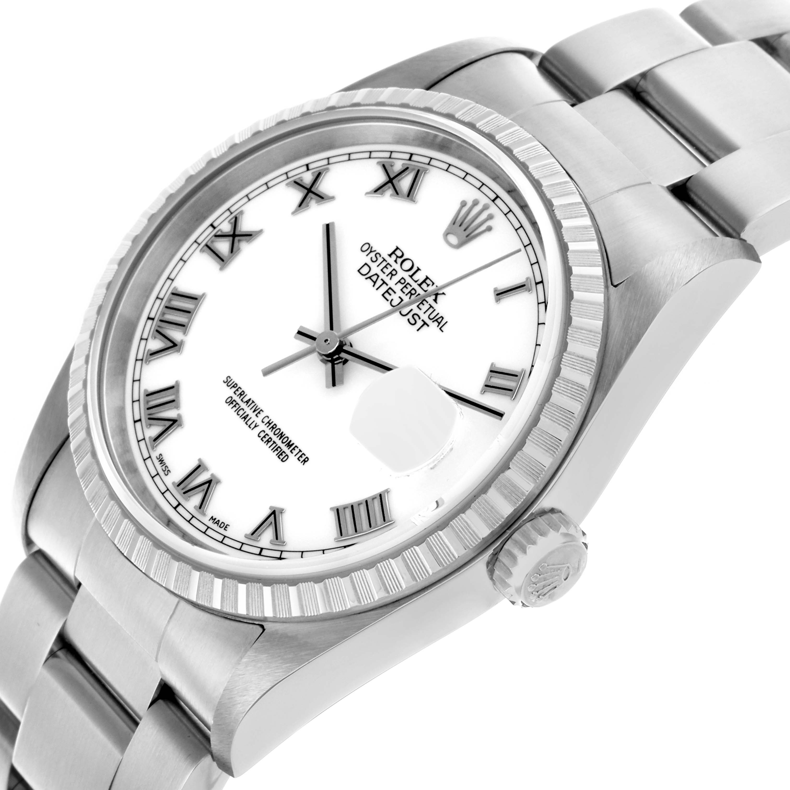 The Rolex Datejust 16220 Men's Stainless Steel White Dial 16220 Men's Stainless Steel White Dial is shown at a three-quarter angle, displaying the white dial, fluted bezel, Roman numerals, and part of the bracelet.