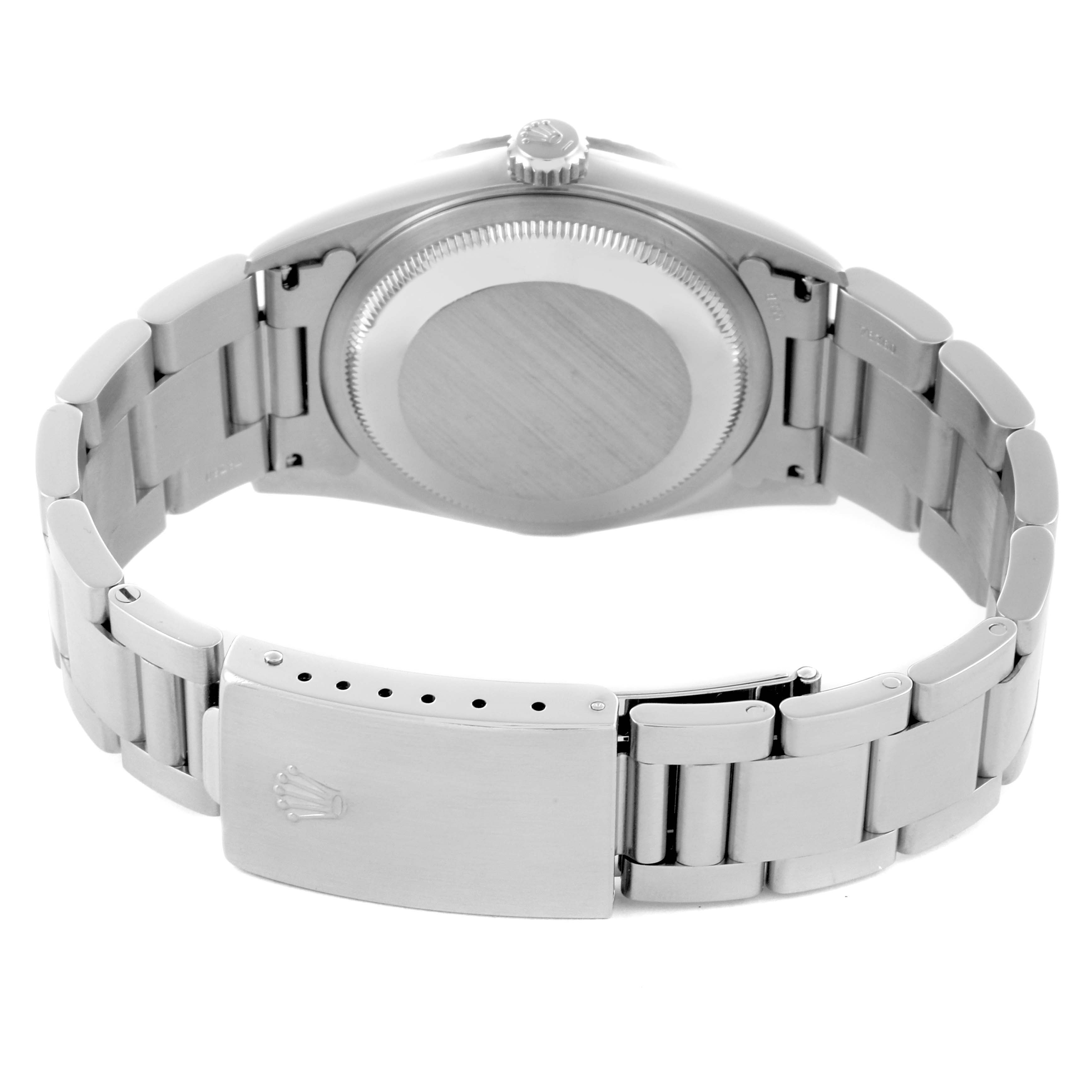 The image shows the back case and bracelet clasp of a Rolex Datejust 16220 Men's Stainless Steel White Dial 16220 Men's Stainless Steel White Dial watch from the reverse angle.