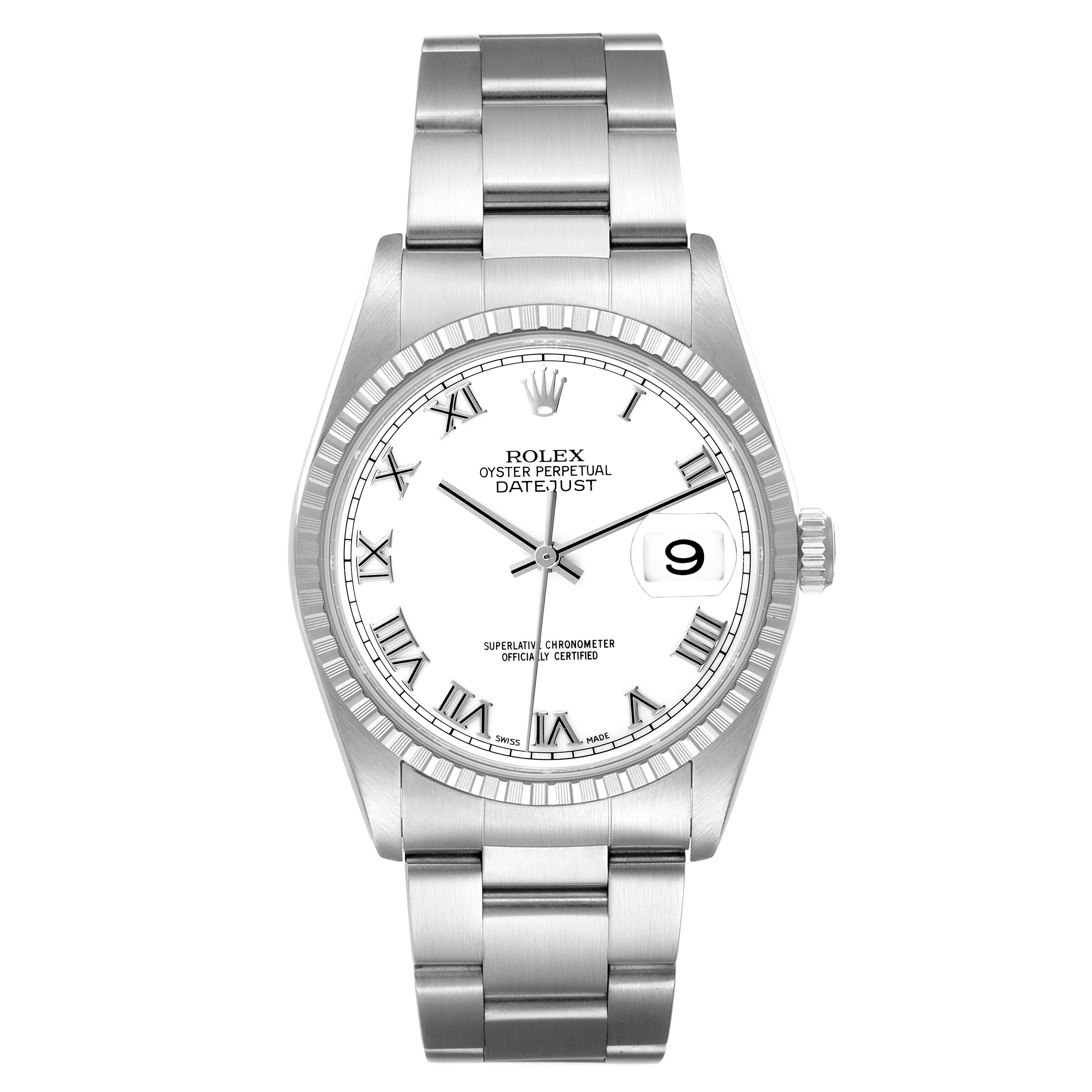 The Rolex Datejust 16220 Men's Stainless Steel White Dial 16220 Men's Stainless Steel White Dial watch is shown from the front, displaying the full face, bezel, and bracelet.