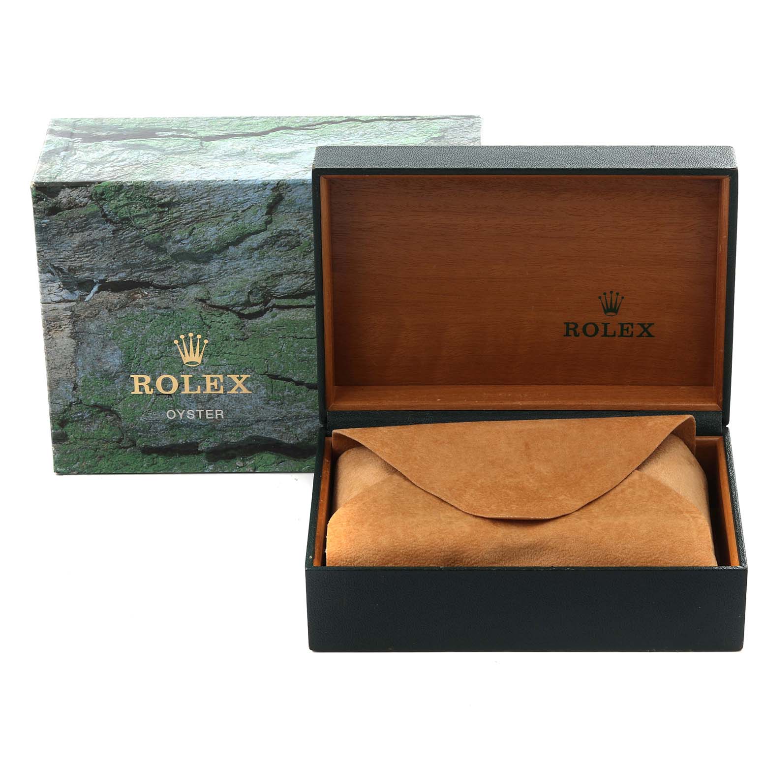 The image shows a Rolex Datejust 16220 Men's Stainless Steel White Dial 16220 Men's Stainless Steel White Dial watch box and suede pouch, partially opened, with branded packaging.