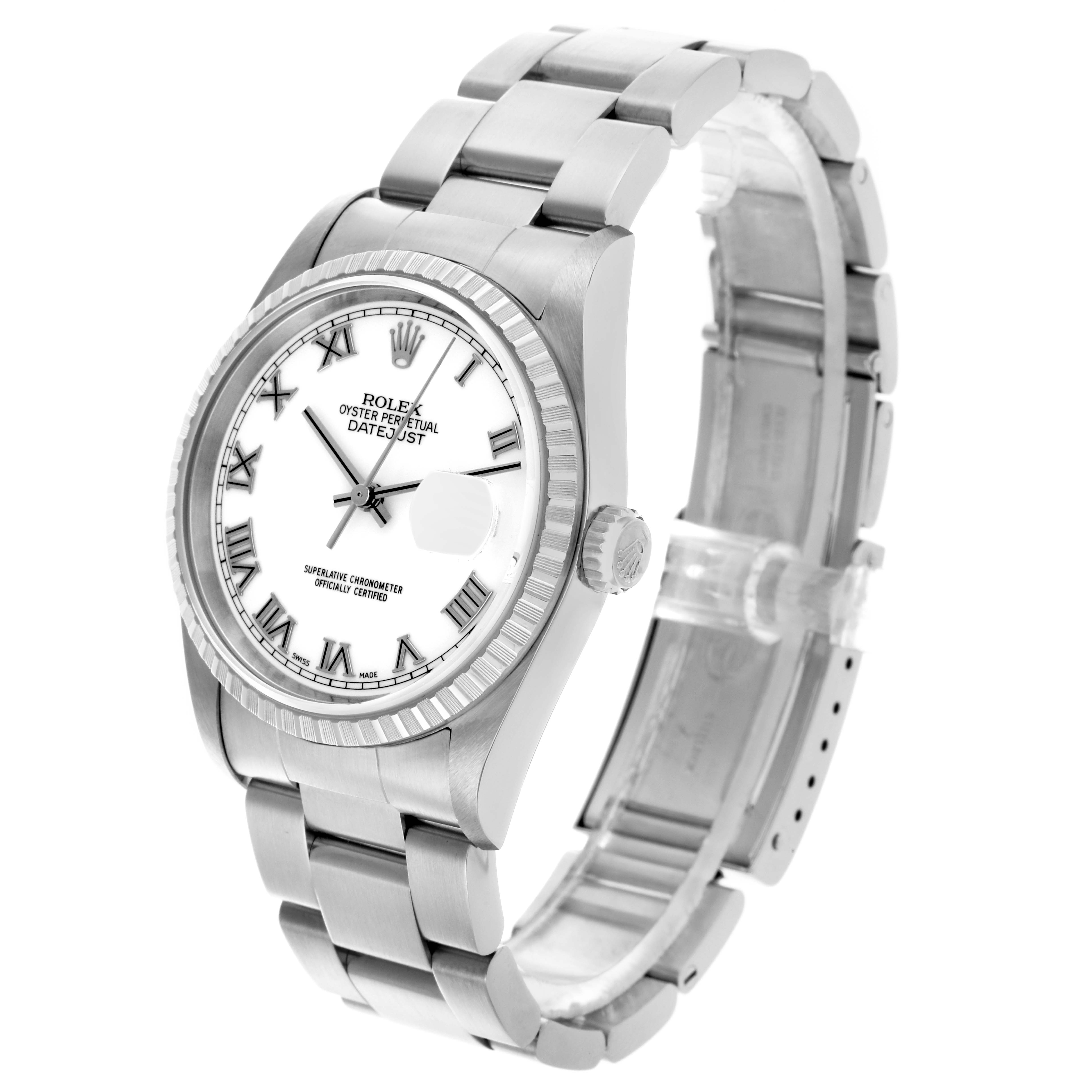 The Rolex Datejust 16220 Men's Stainless Steel White Dial 16220 Men's Stainless Steel White Dial watch is shown at an angled side view, displaying the dial, bezel, crown, and bracelet.
