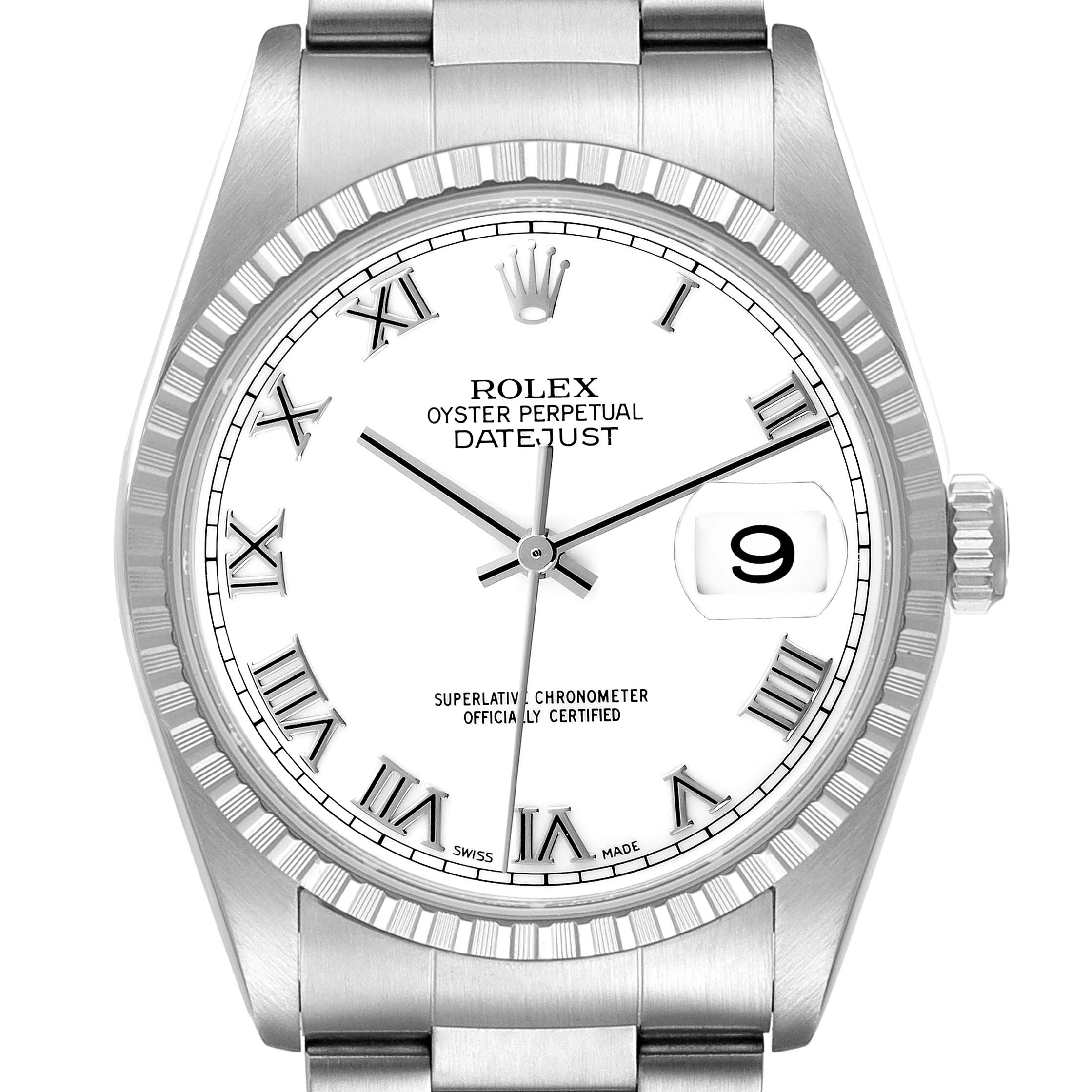 The image shows a front view of the Rolex Datejust 16220 Men's Stainless Steel White Dial 16220 Men's Stainless Steel White Dial watch, featuring the dial, bezel, bracelet, and crown.