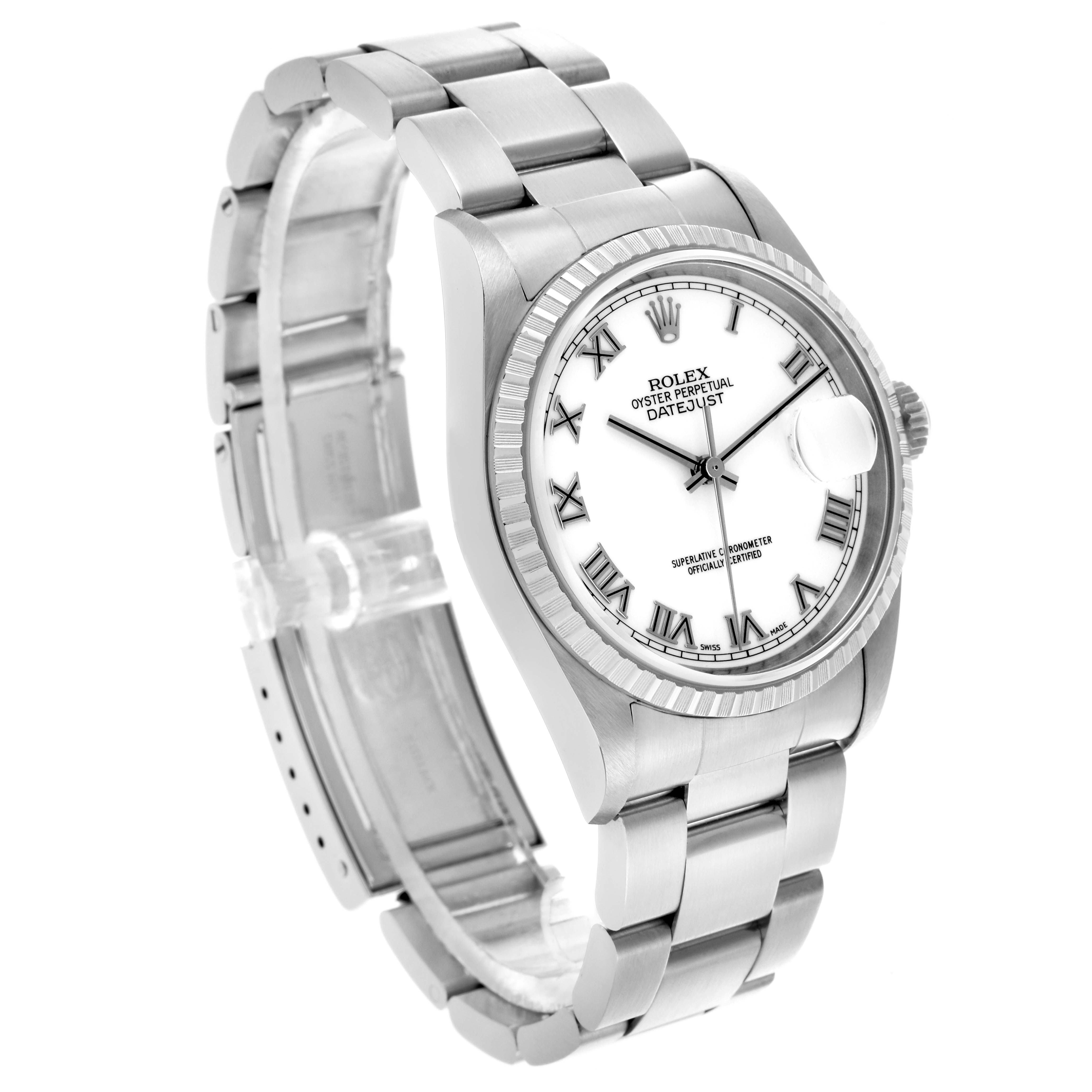 The Rolex Datejust 16220 Men's Stainless Steel White Dial 16220 Men's Stainless Steel White Dial watch is shown at an angle highlighting its face, bezel, bracelet, and clasp.