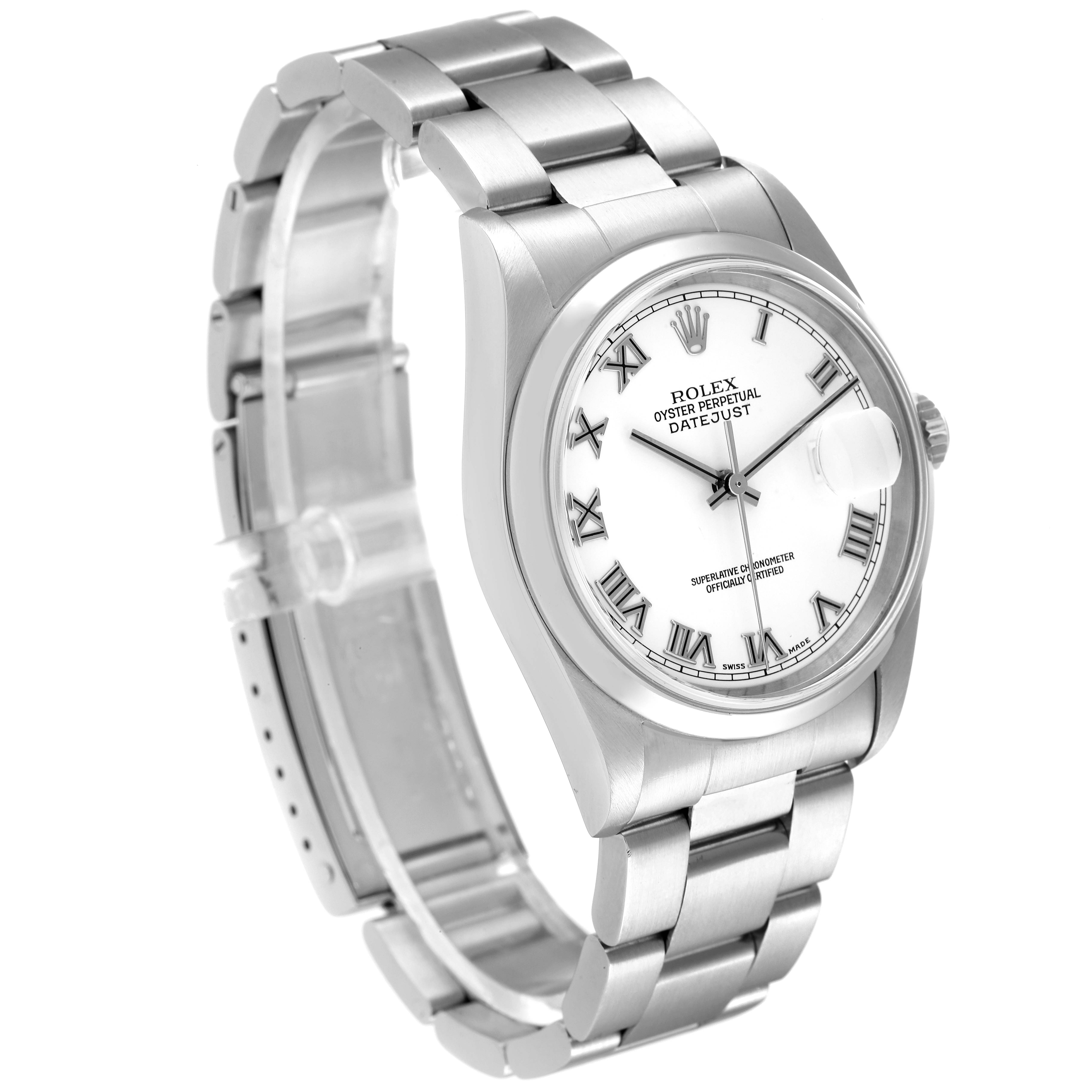 The Rolex Datejust 16200 Men's Stainless Steel White Dial 16200 Men's Stainless Steel White Dial watch is shown at a slight angle, highlighting the dial, bezel, and bracelet.