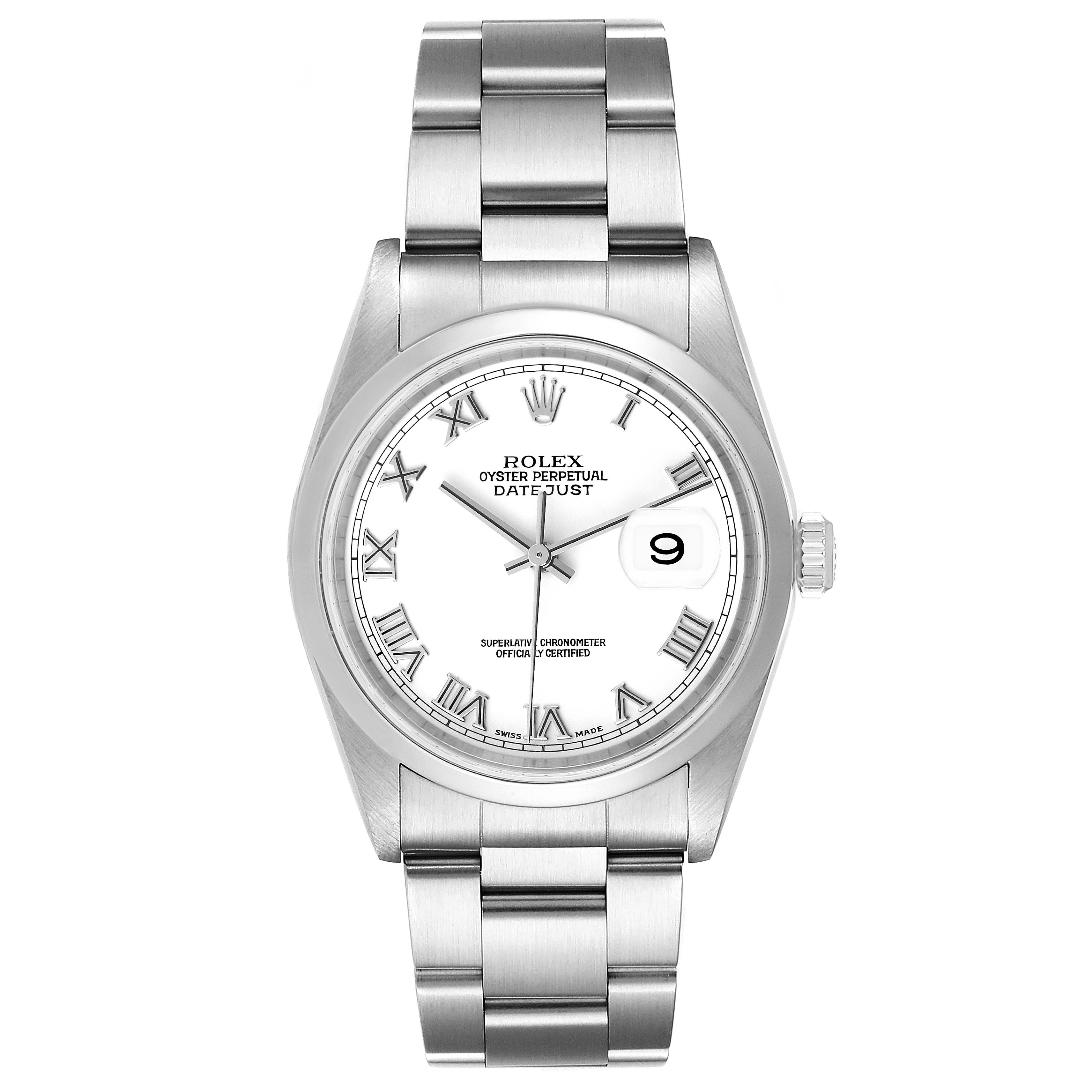 This is a front view of the Rolex Datejust 16200 Men's Stainless Steel White Dial 16200 Men's Stainless Steel White Dial watch, displaying the face, bezel, and part of the bracelet.