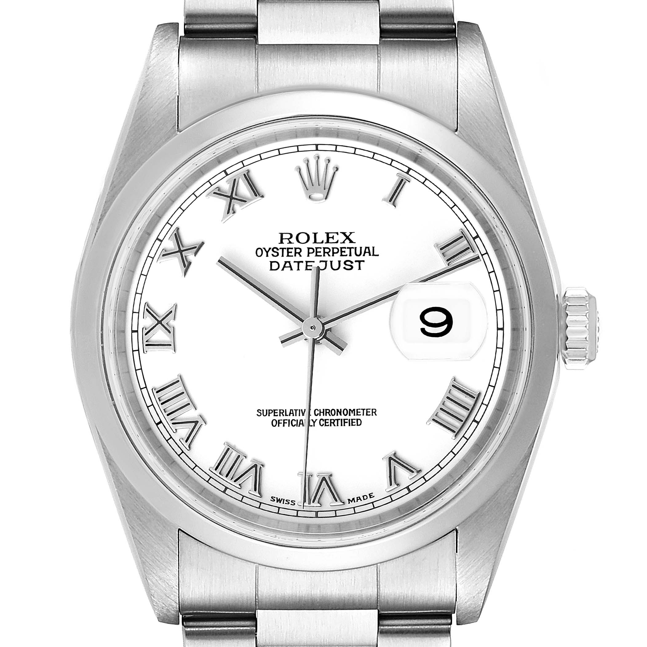 The image shows a front view of a Rolex Datejust 16200 Men's Stainless Steel White Dial 16200 Men's Stainless Steel White Dial watch highlighting the dial, bracelet, and crown.