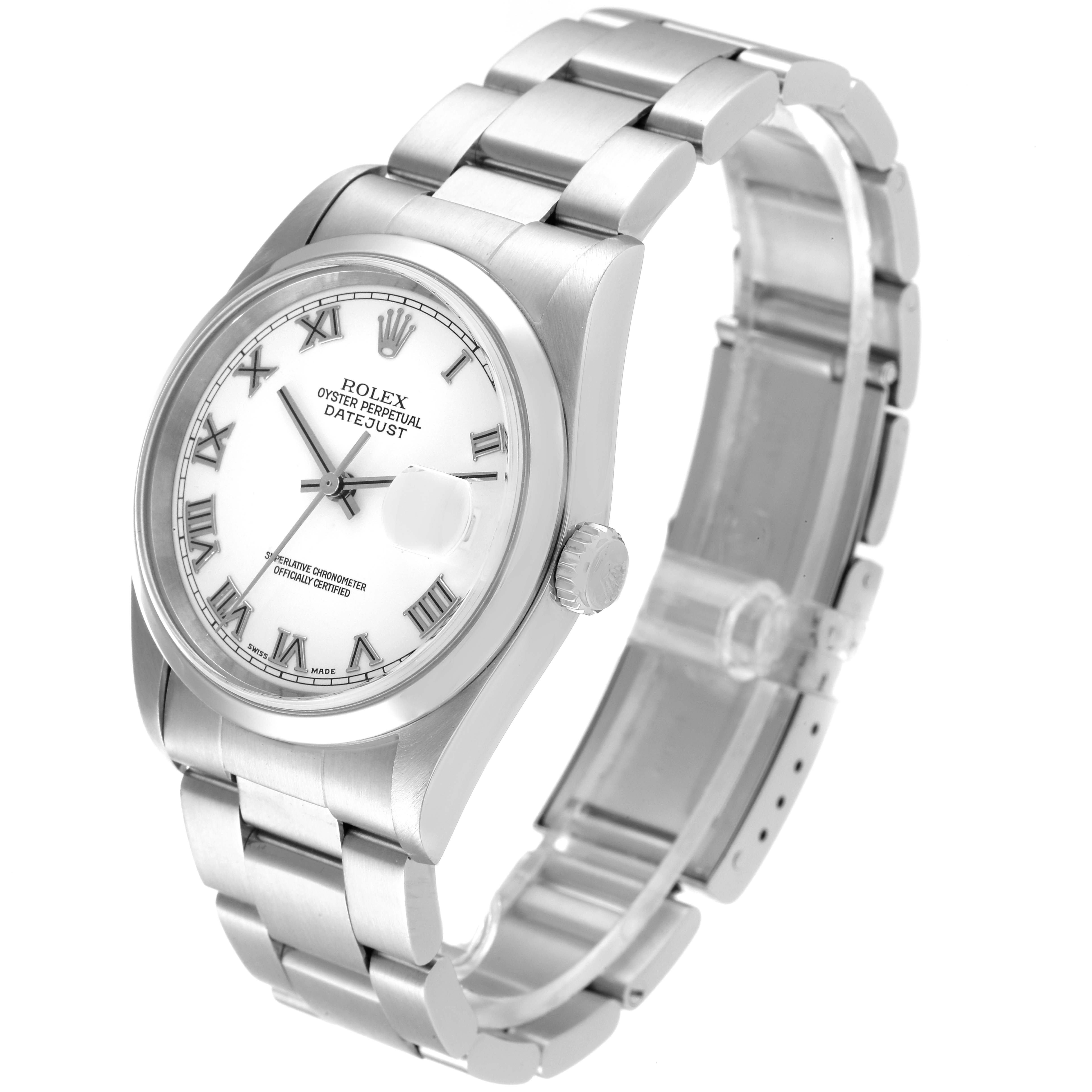 The image shows a Rolex Datejust 16200 Men's Stainless Steel White Dial 16200 Men's Stainless Steel White Dial watch at a slight angle, showcasing the face, bracelet, and crown.