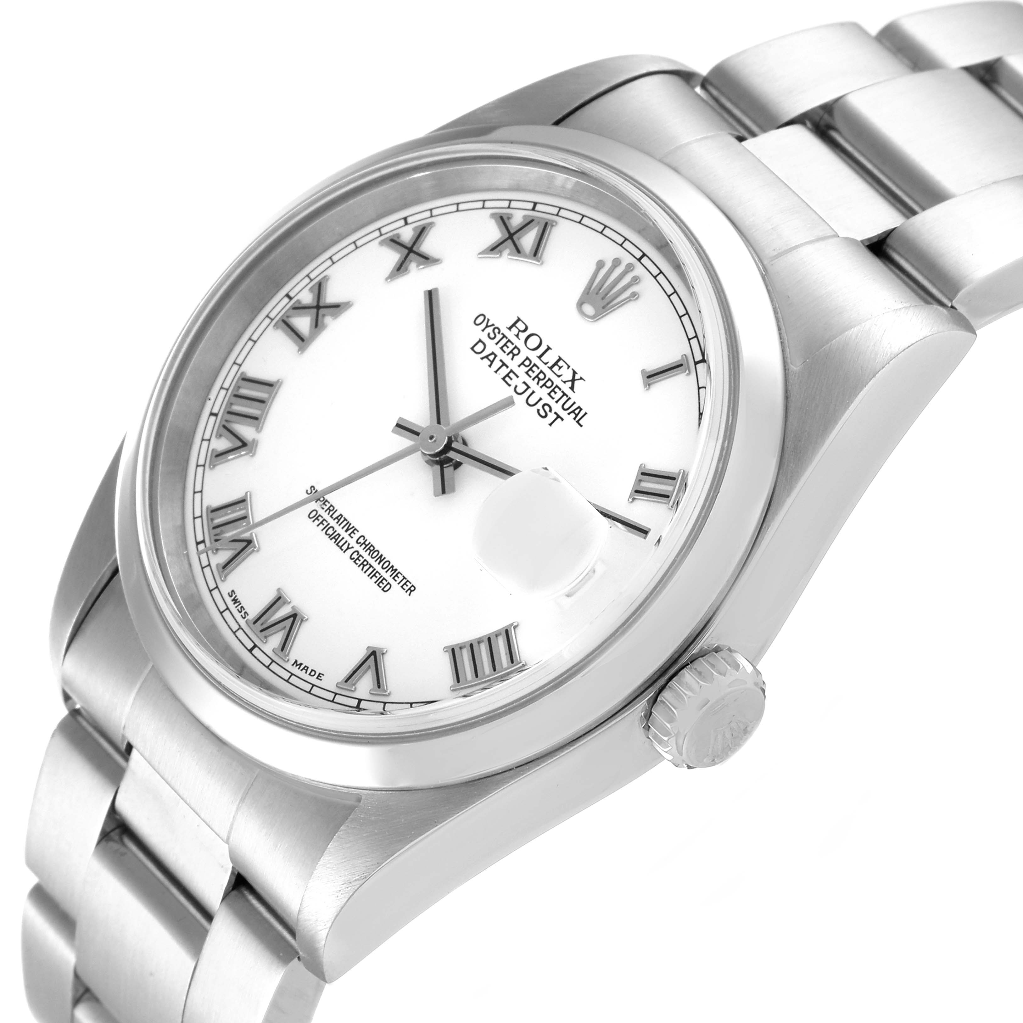 The Rolex Datejust 16200 Men's Stainless Steel White Dial 16200 Men's Stainless Steel White Dial watch is shown from a slight upper side angle, displaying the dial, bezel, bracelet, and crown.
