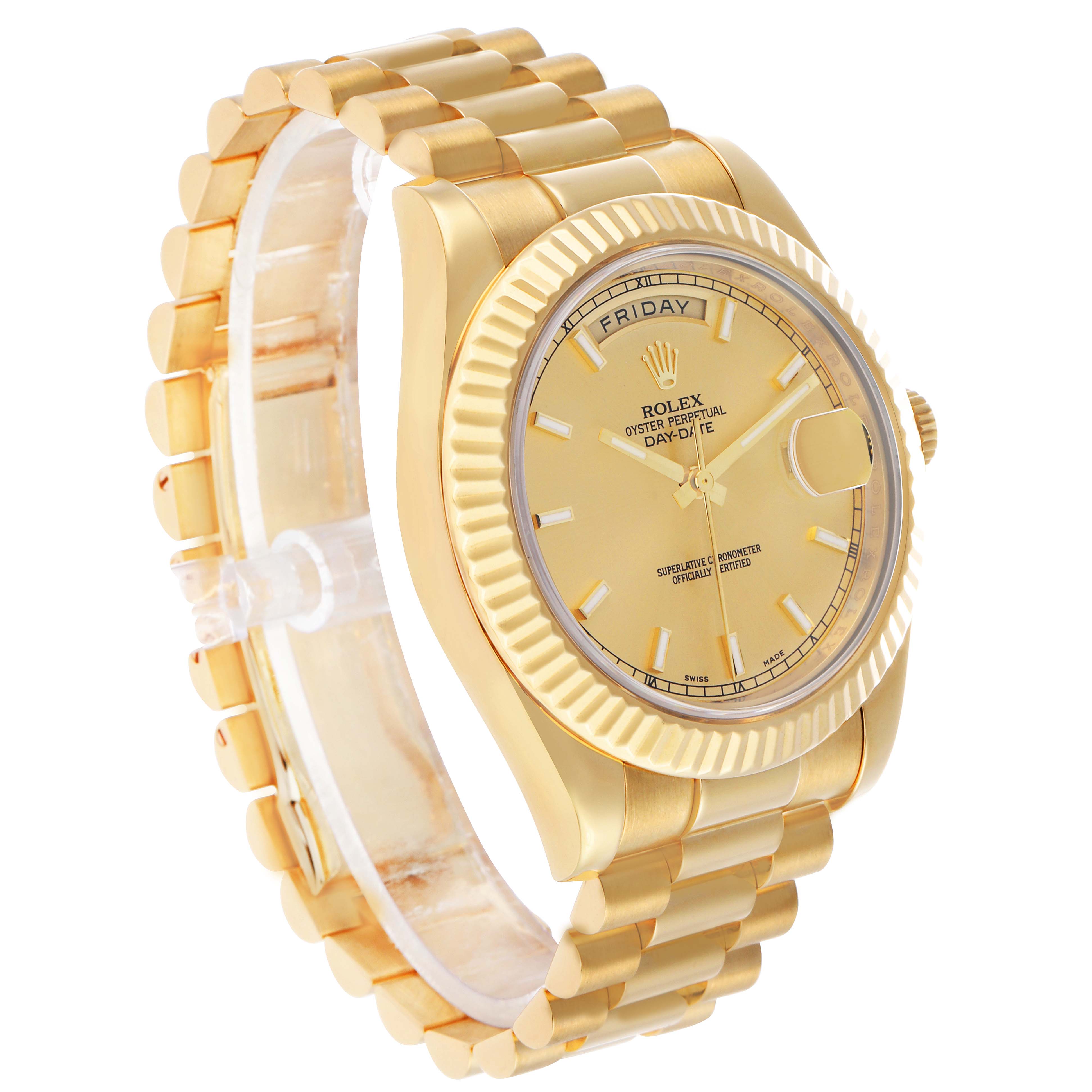 The Rolex President 218238 Men's Yellow Gold Champagne Dial model is shown from a front-left angle, highlighting the gold case, bezel, dial, and bracelet.