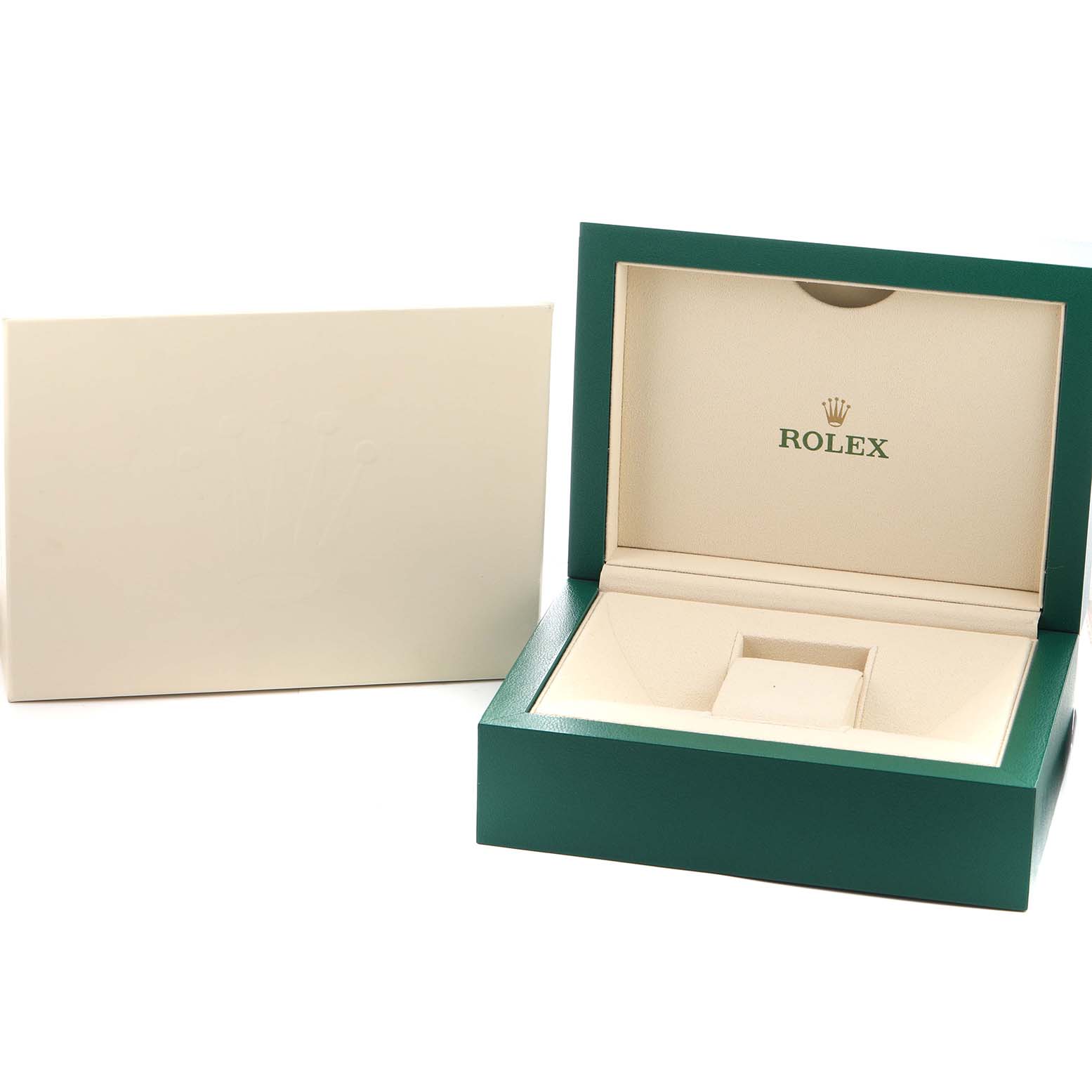 The image shows an open Rolex President 218238 Men's Yellow Gold Champagne Dial model watch box and outer packaging from a front angle.