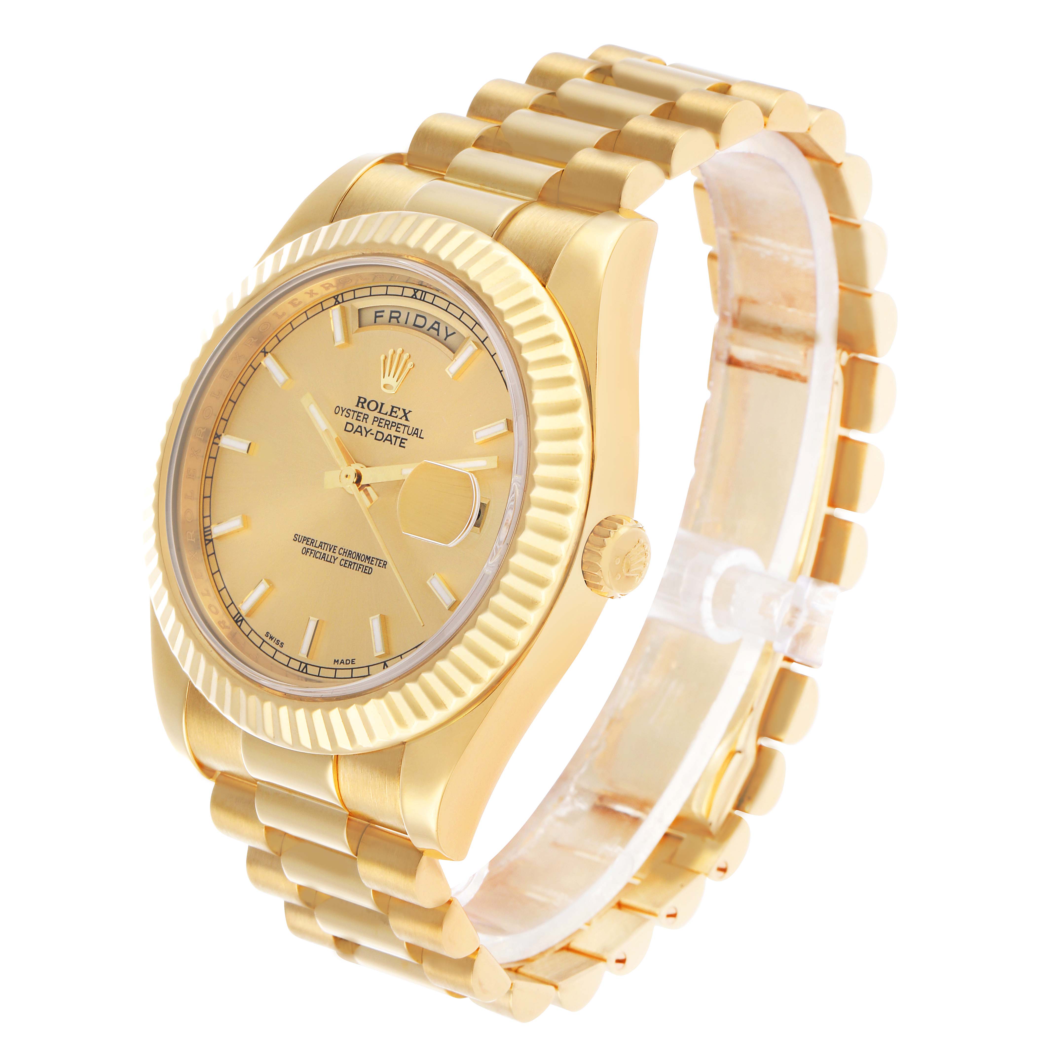 The Rolex President 218238 Men's Yellow Gold Champagne Dial watch is shown at a slight angle, displaying the face, bezel, crown, and part of the bracelet.