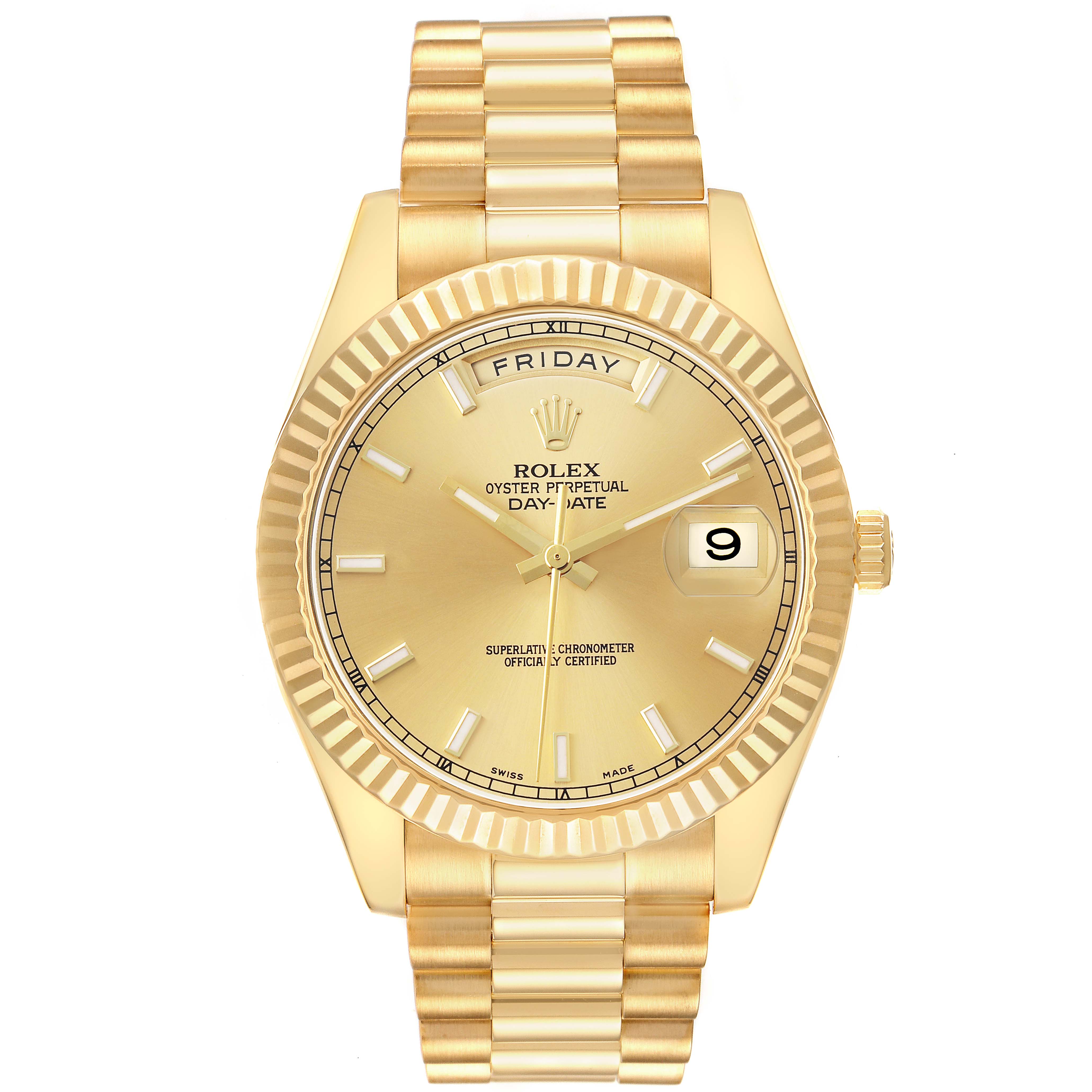 The Rolex President 218238 Men's Yellow Gold Champagne Dial model is shown from a front angle, highlighting the dial, bezel, bracelet, and crown.