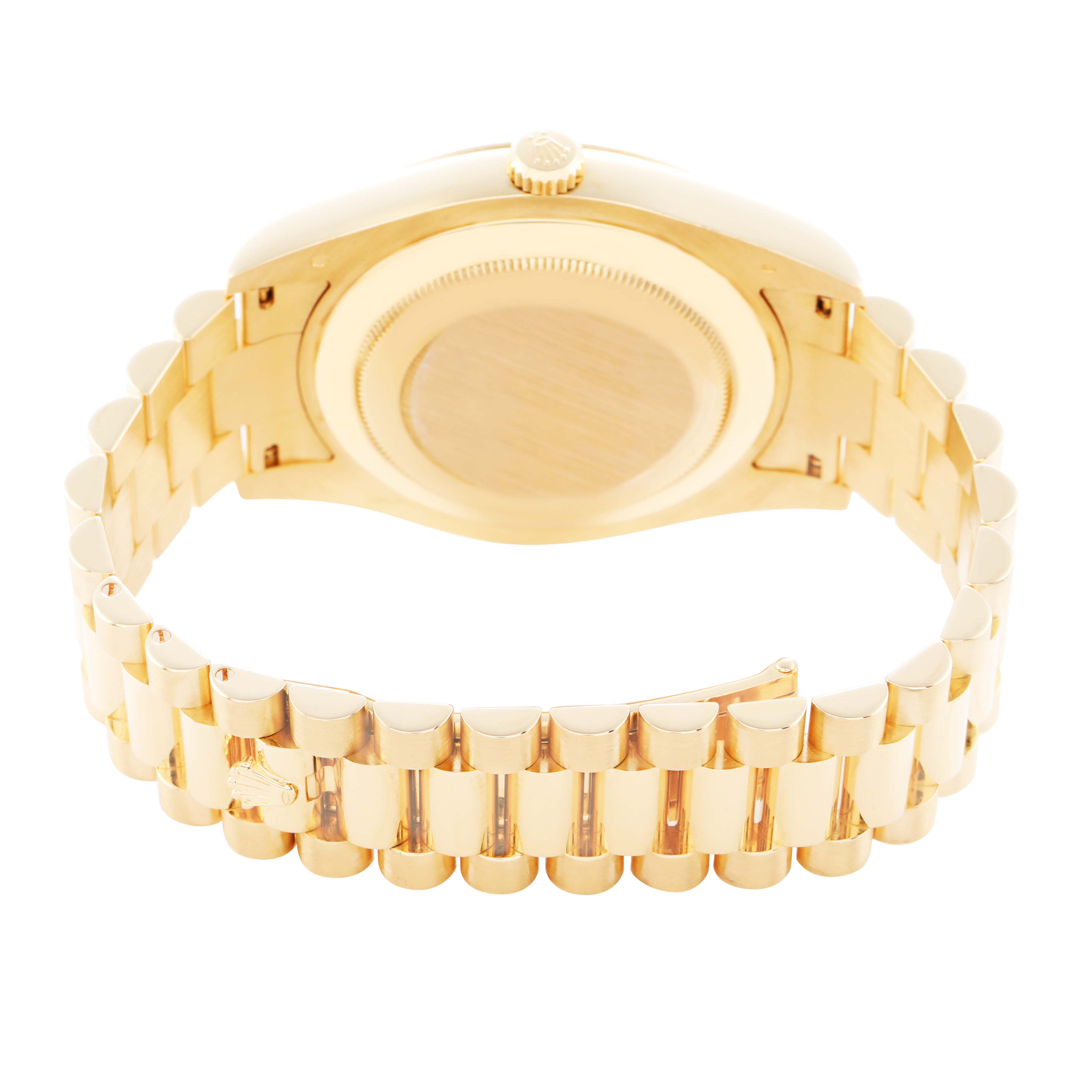 The Rolex President 218238 Men's Yellow Gold Champagne Dial model is shown from the rear, highlighting the bracelet and case back.