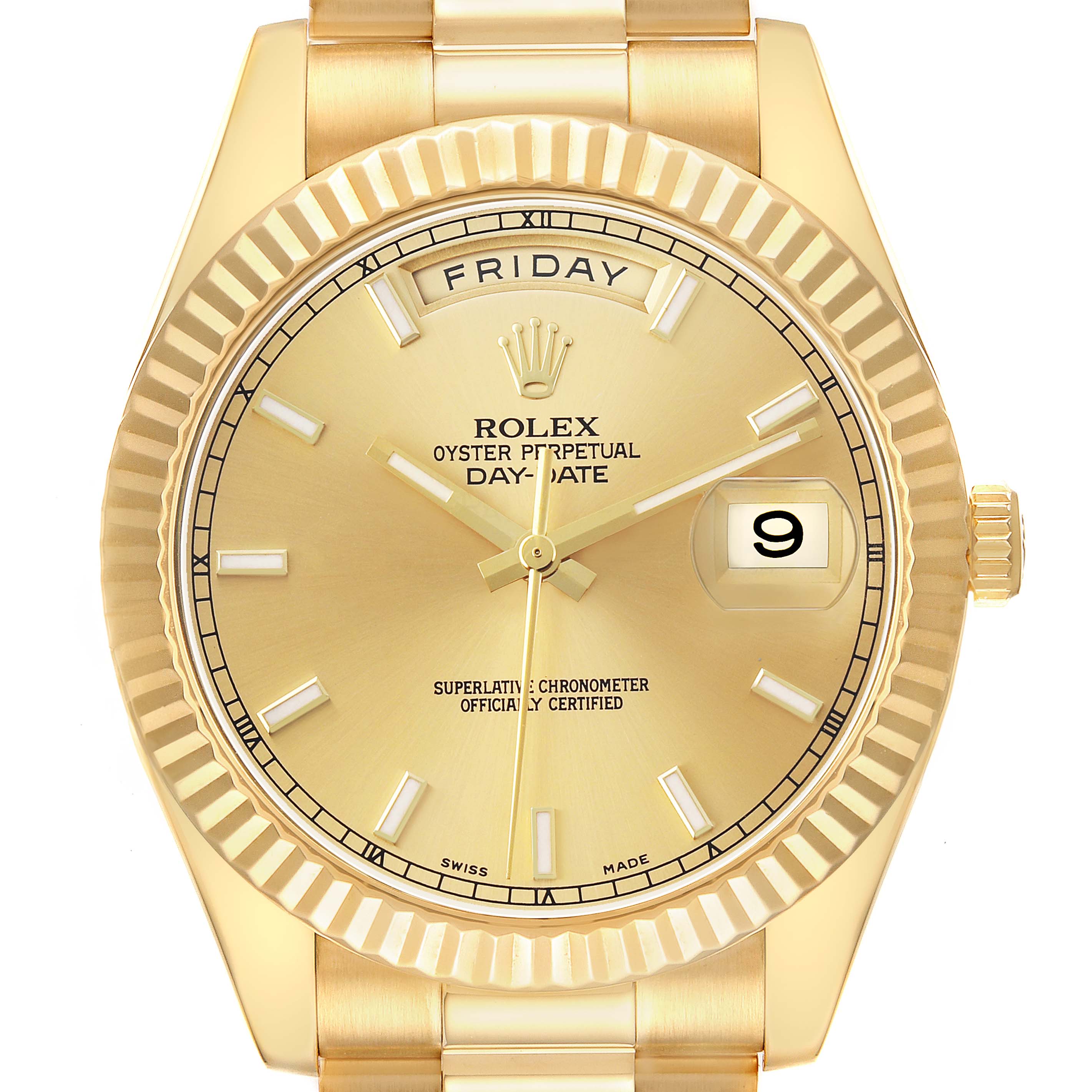 The Rolex President 218238 Men's Yellow Gold Champagne Dial model watch is shown from a top-down angle, highlighting the dial, bezel, and part of the bracelet.