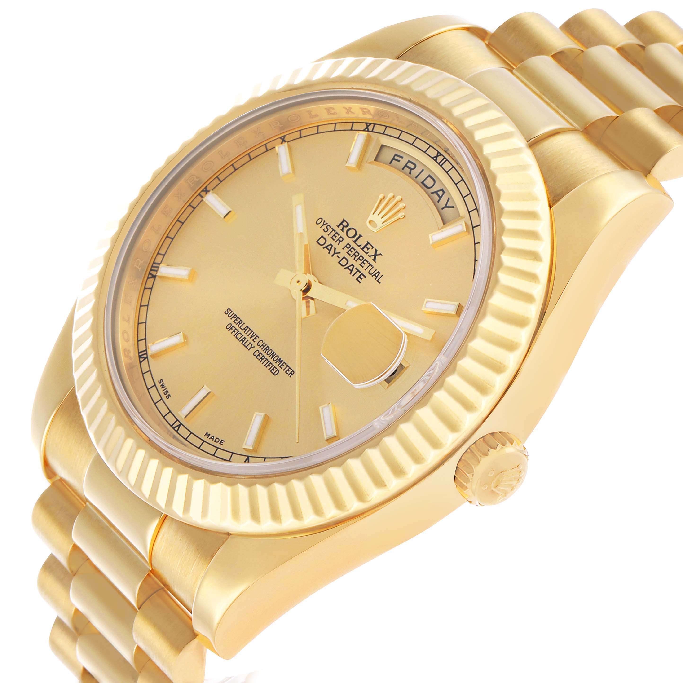 The Rolex President 218238 Men's Yellow Gold Champagne Dial watch is shown at a side angle, highlighting the dial, bezel, crown, and a portion of the bracelet.