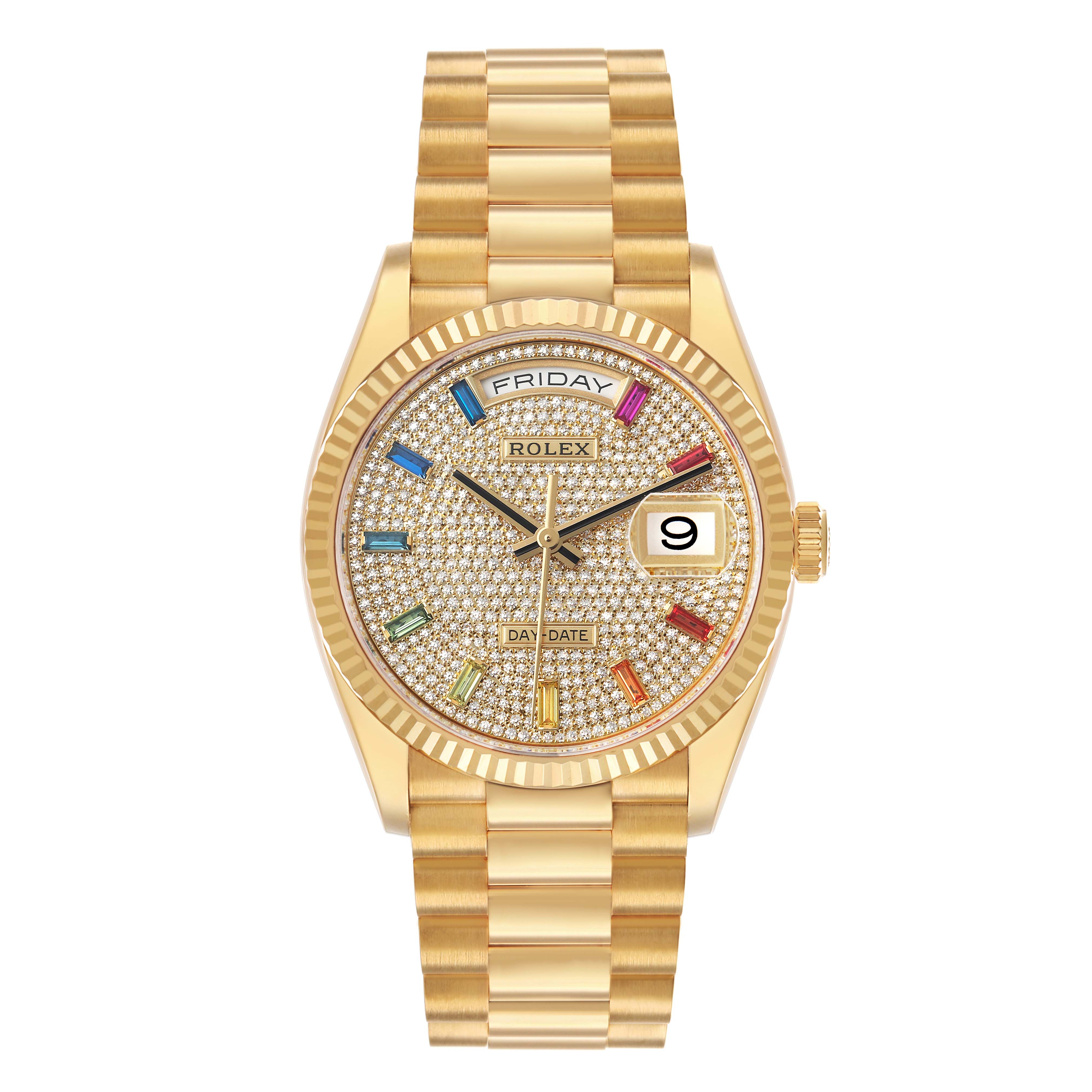 The image shows a front view of a Rolex President 128238 Men's Yellow Gold Champagne Dial watch, displaying its detailed dial with day, date, and colorful hour markers.