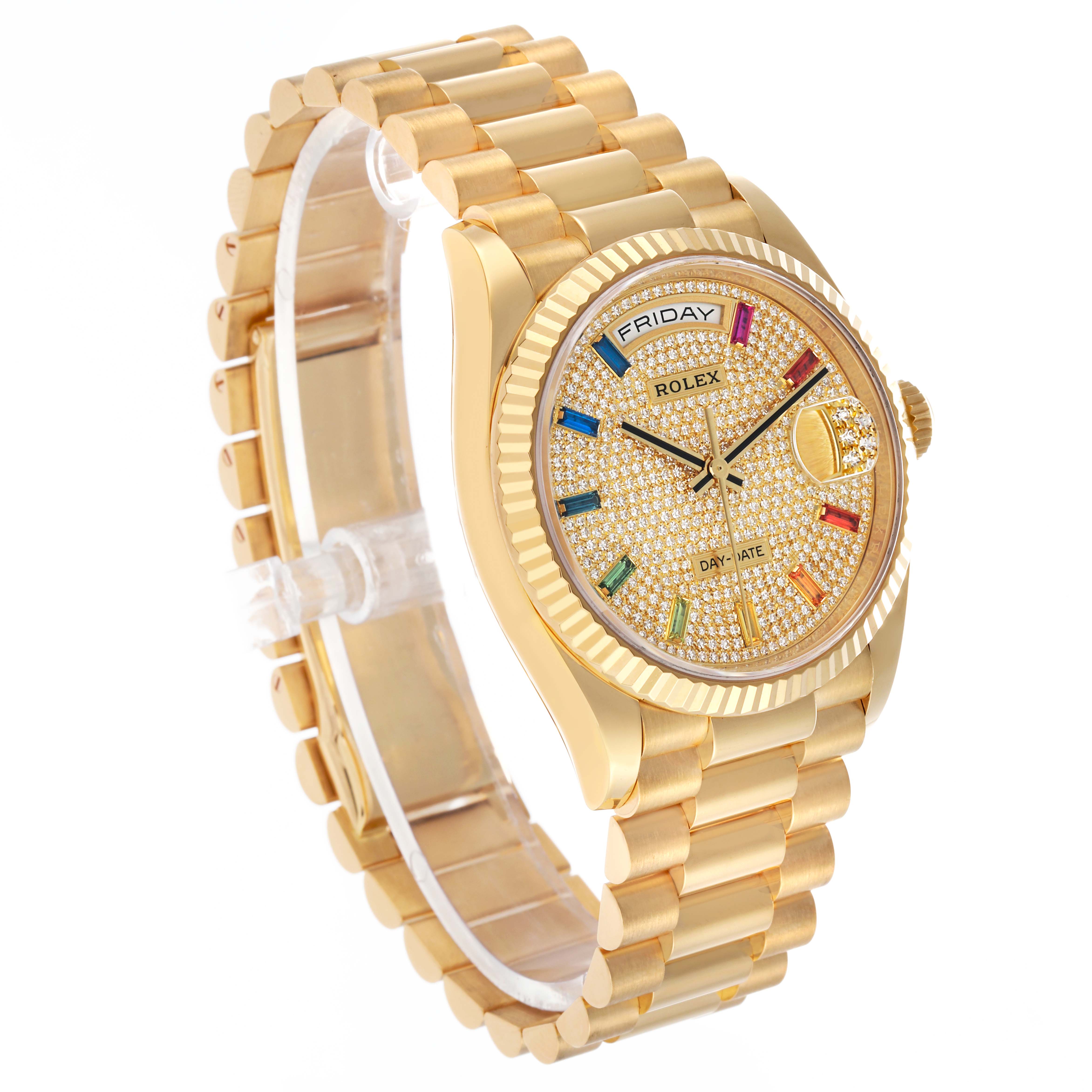The Rolex President 128238 Men's Yellow Gold Champagne Dial model is shown at a three-quarter angle, displaying the bracelet, bezel, dial, and day/date features.