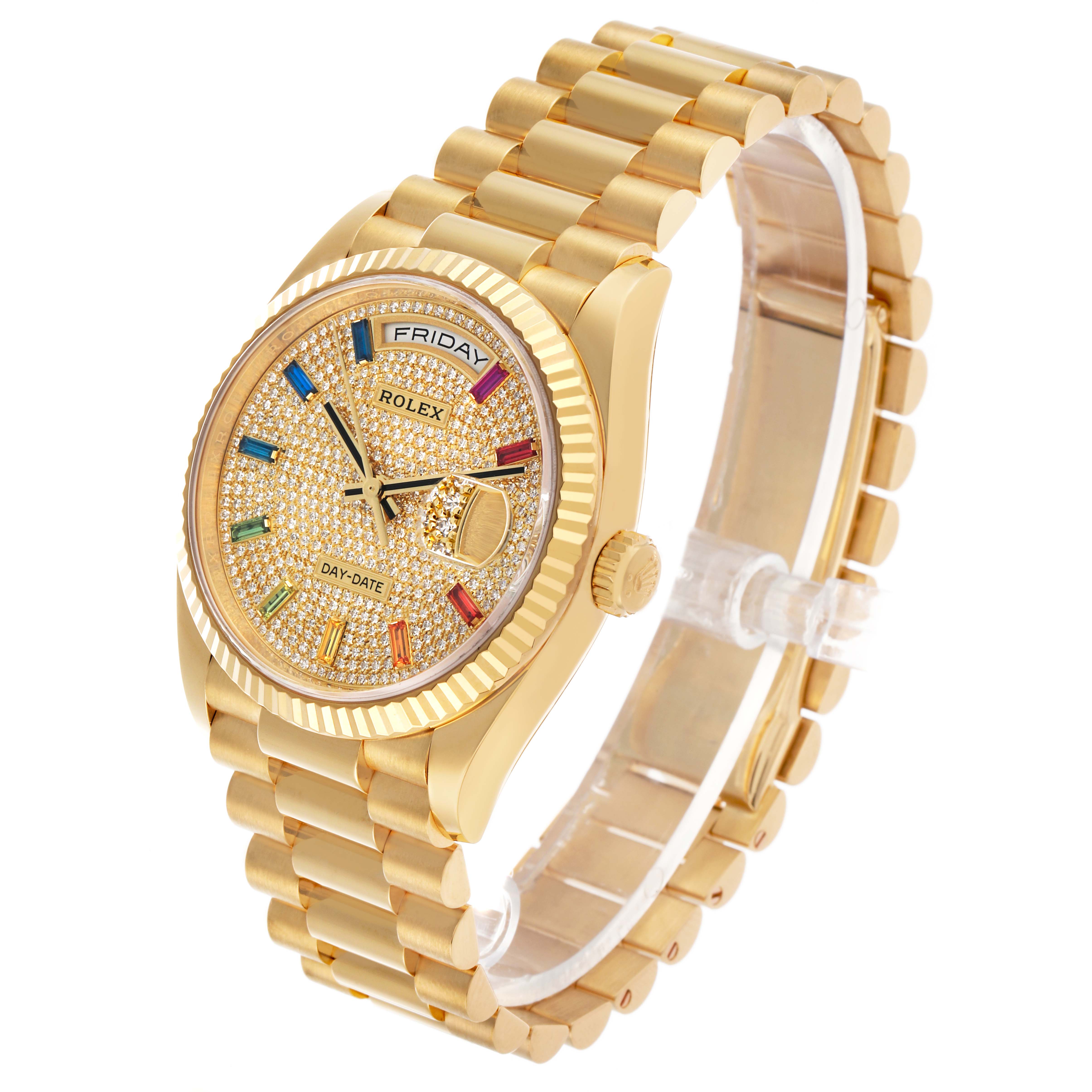 The image shows a Rolex President 128238 Men's Yellow Gold Champagne Dial watch at a three-quarter angle, highlighting its gold case, bracelet, and detailed dial.