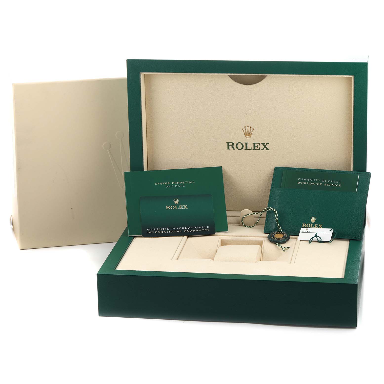 The image shows the packaging and accessories for the Rolex President 128238 Men's Yellow Gold Champagne Dial model, including a box, booklets, and tags.