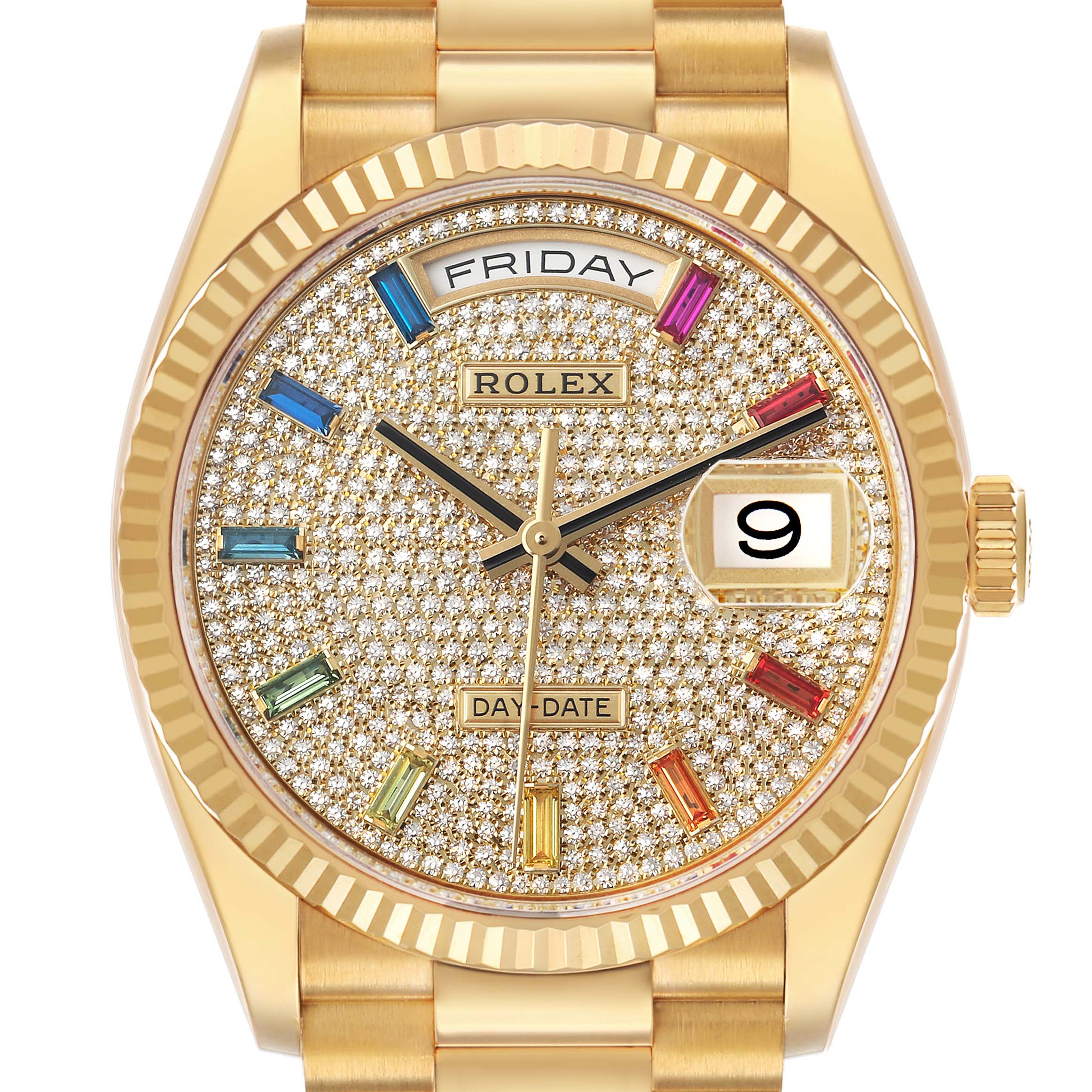 The Rolex President 128238 Men's Yellow Gold Champagne Dial model is shown from a top view, highlighting the gold case, fluted bezel, diamond-set dial, and bracelet.