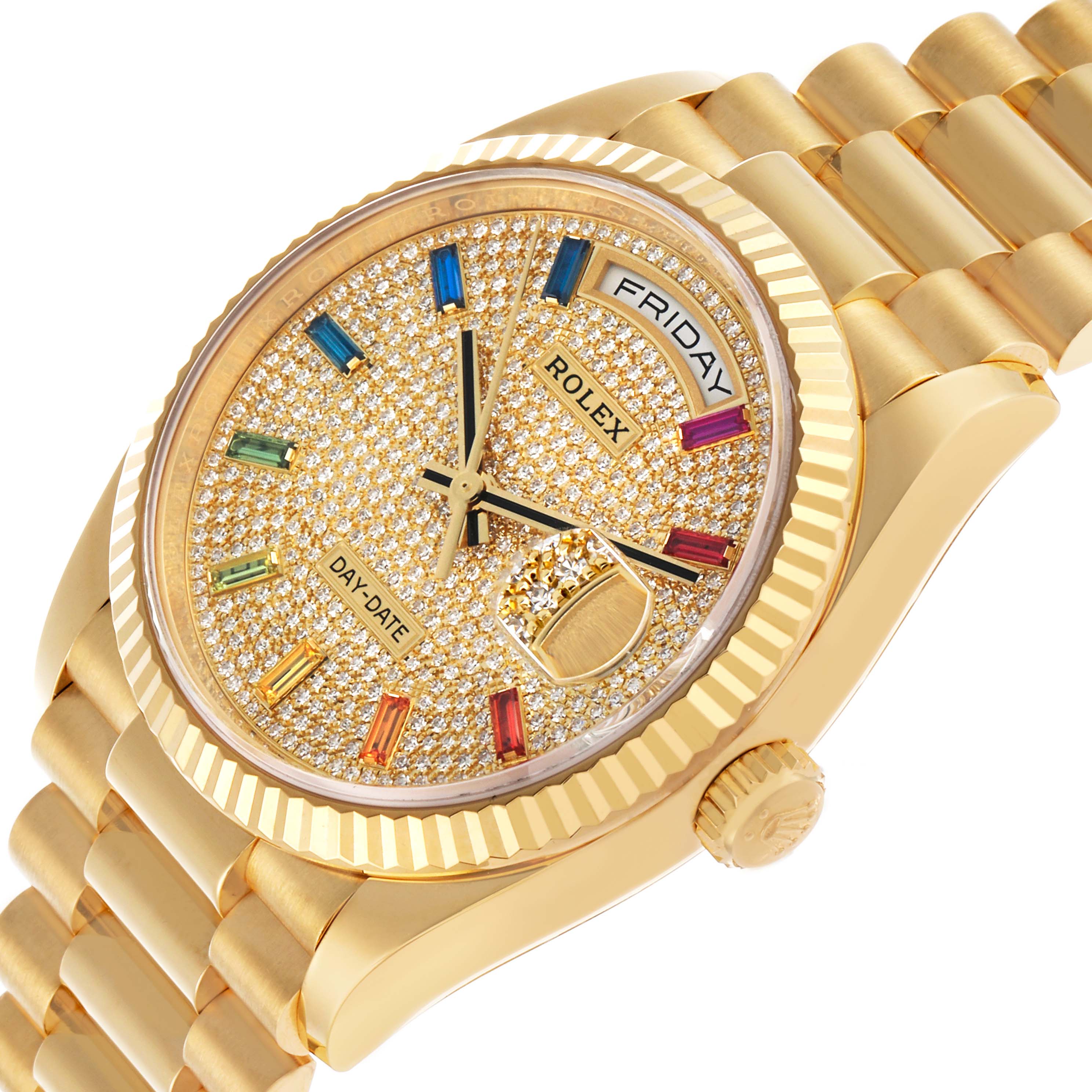 The Rolex President 128238 Men's Yellow Gold Champagne Dial model watch is shown at an angled view, highlighting the dial, bezel, bracelet, and crown.