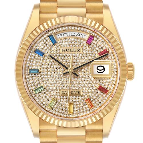Photo of Rolex Day Date Yellow Gold Pave Diamond Rainbow Dial Watch 128238 Box Card